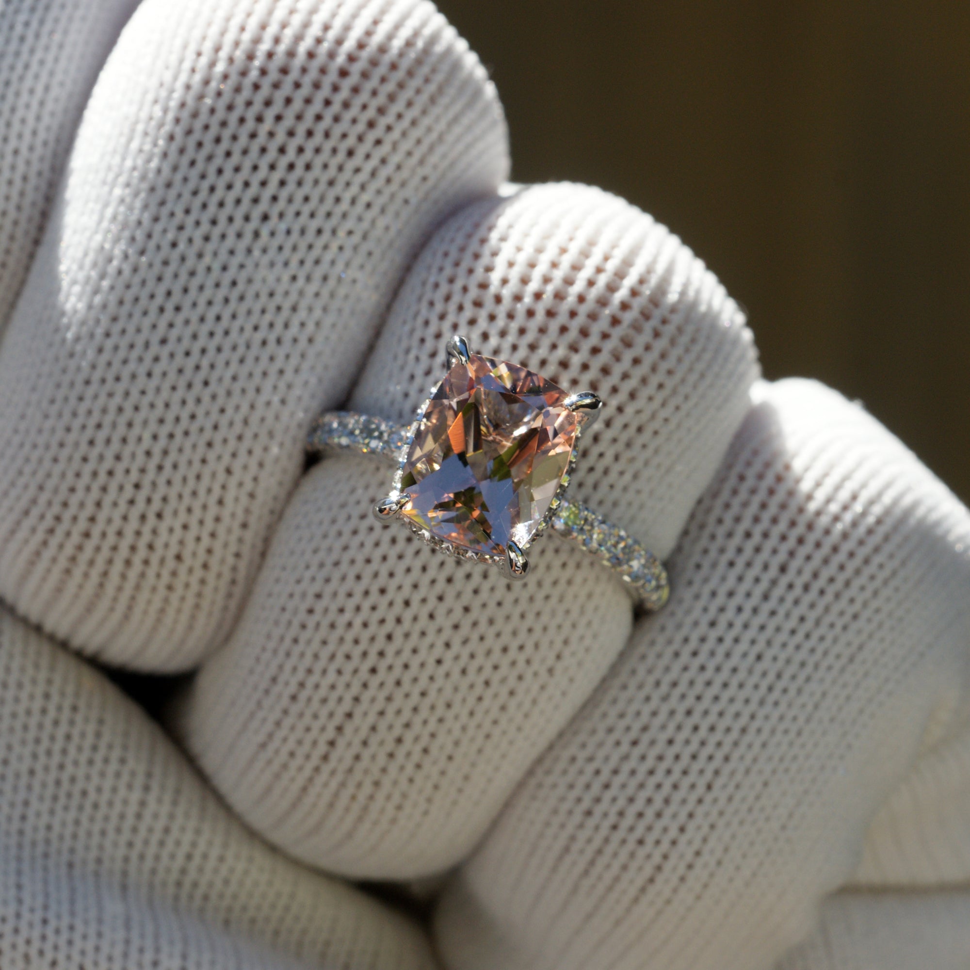 The Drenched Solitaire Cushion Morganite Ring 10x8 Platinum (Thick Band)