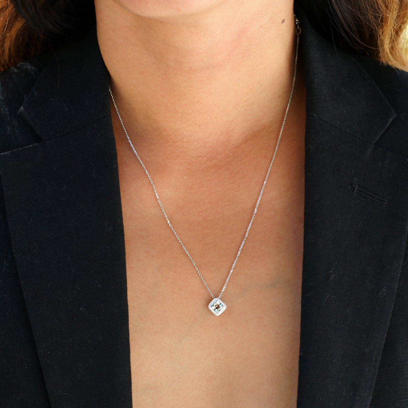 Aquamarine Cushion Diamond Halo Pendant (5mm)