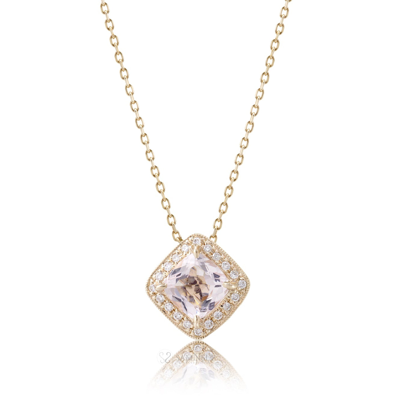 Morganite Pendant Cushion Diamond Halo (5mm)
