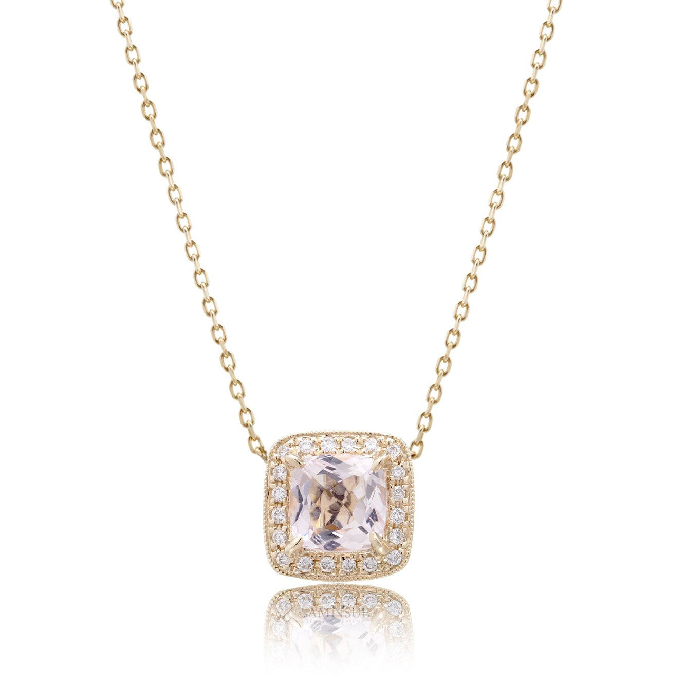 Morganite Pendant Cushion Diamond Halo (5mm)