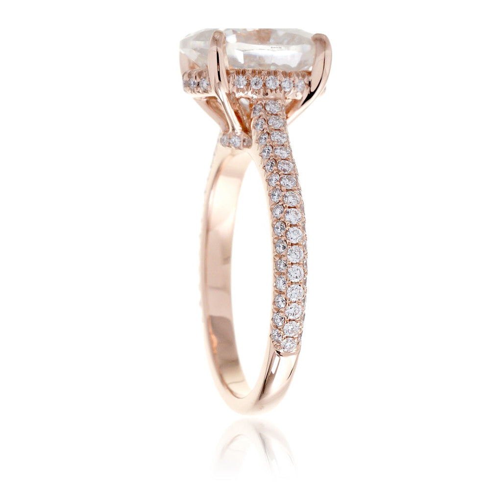 Oval Diamond Ring with Three Row Diamond Band in White, Rose, or Yellow Gold
