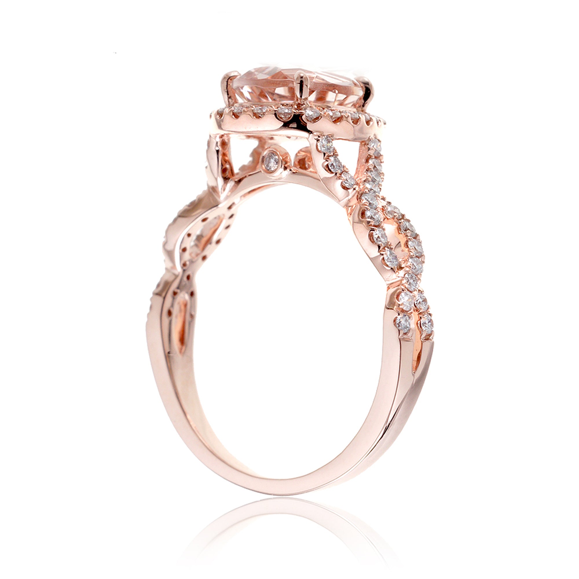 Pear morganite engagement ring rose gold diamond halo twist band