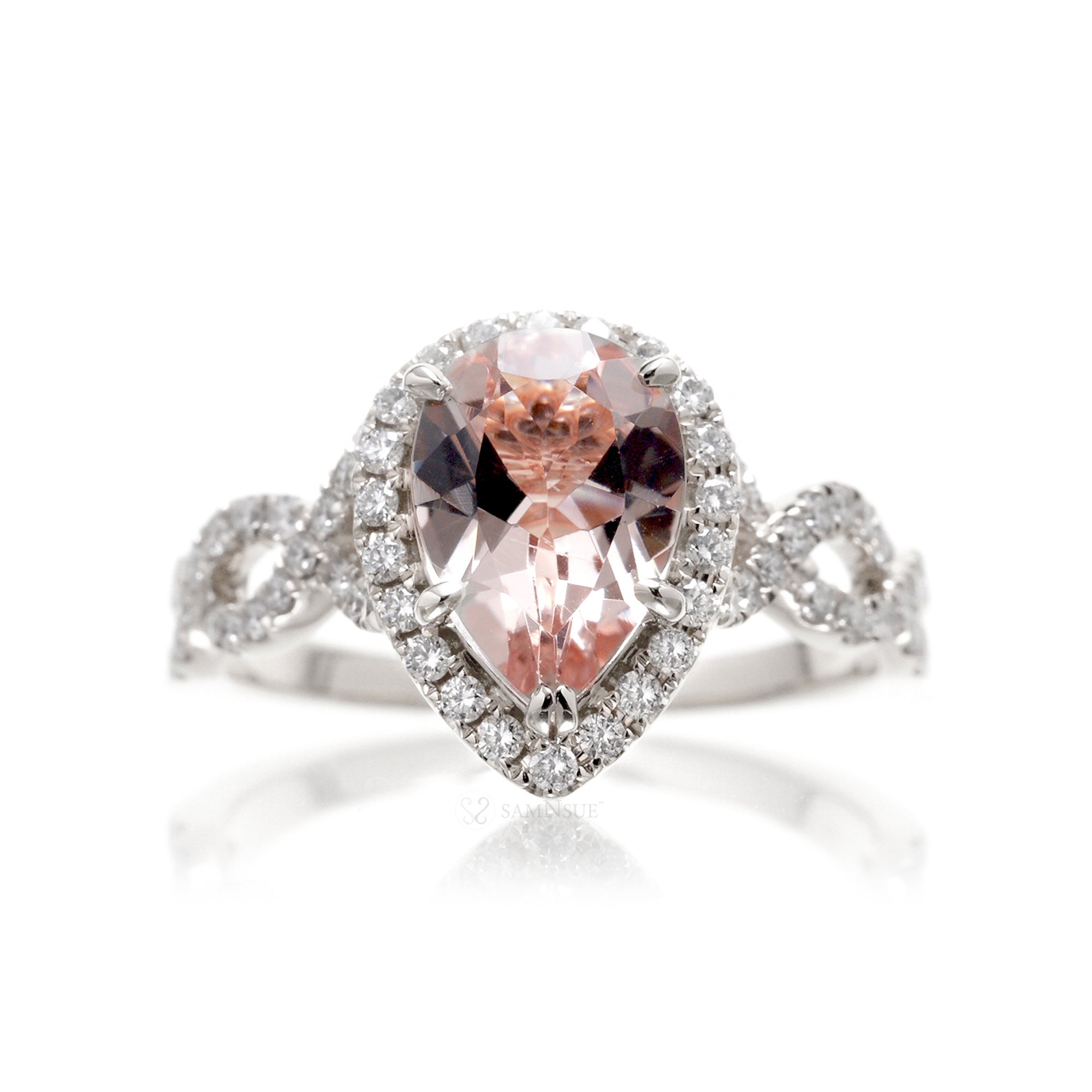 Pear morganite engagement ring white gold diamond halo twist band