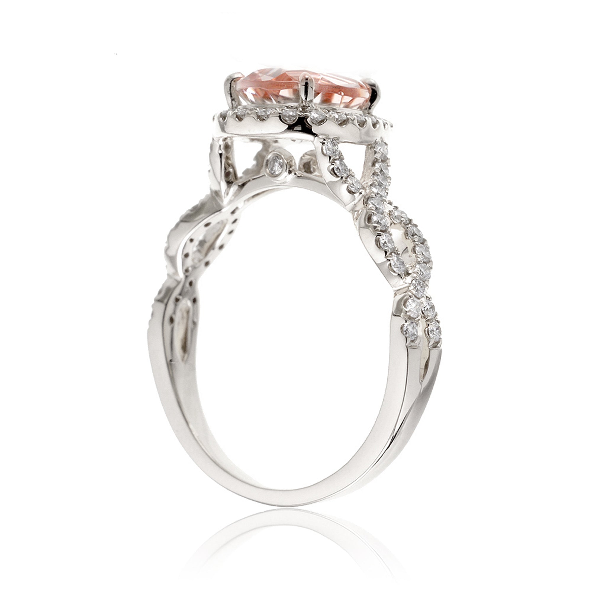 Pear morganite engagement ring white gold diamond halo twist band