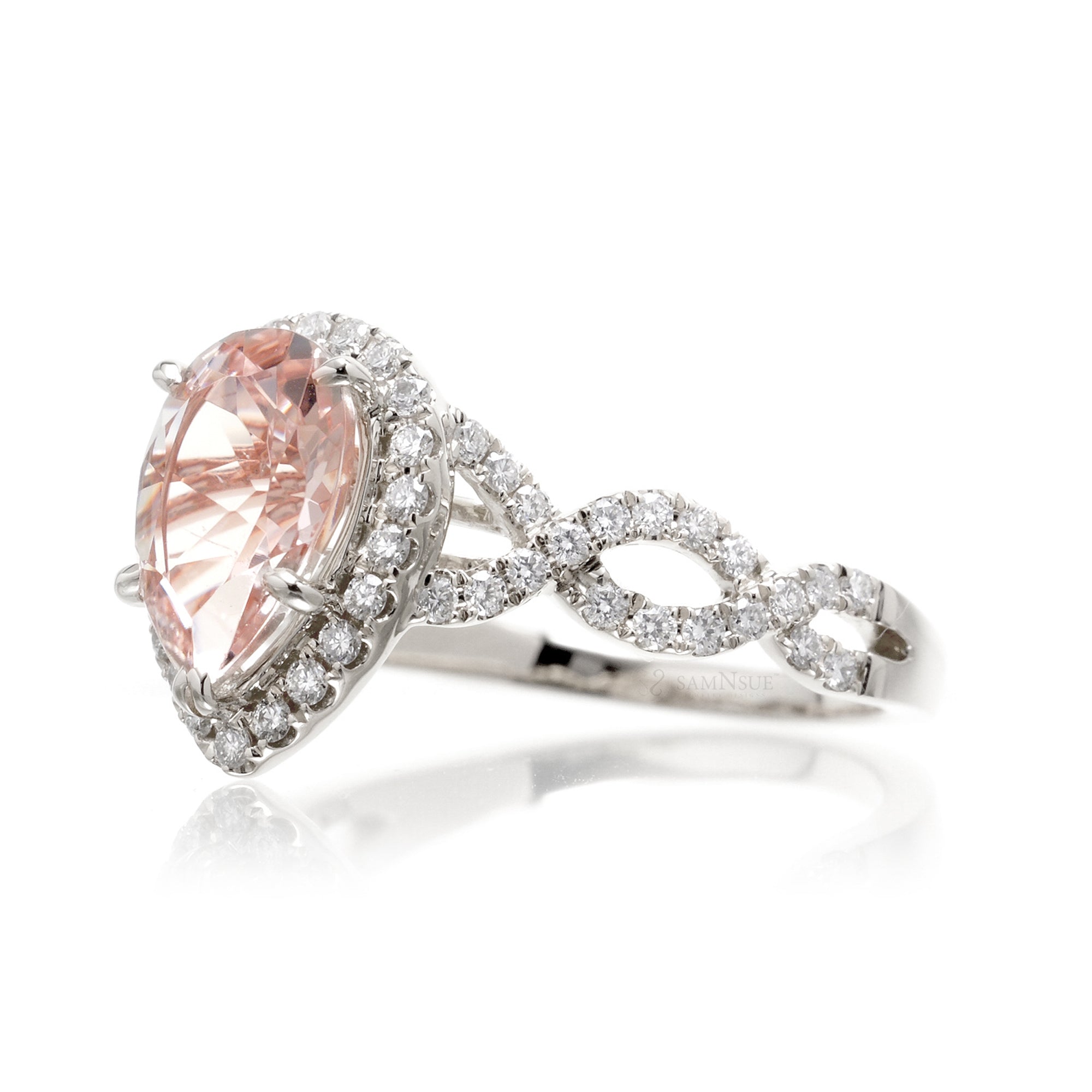 Pear morganite engagement ring white gold diamond halo twist band