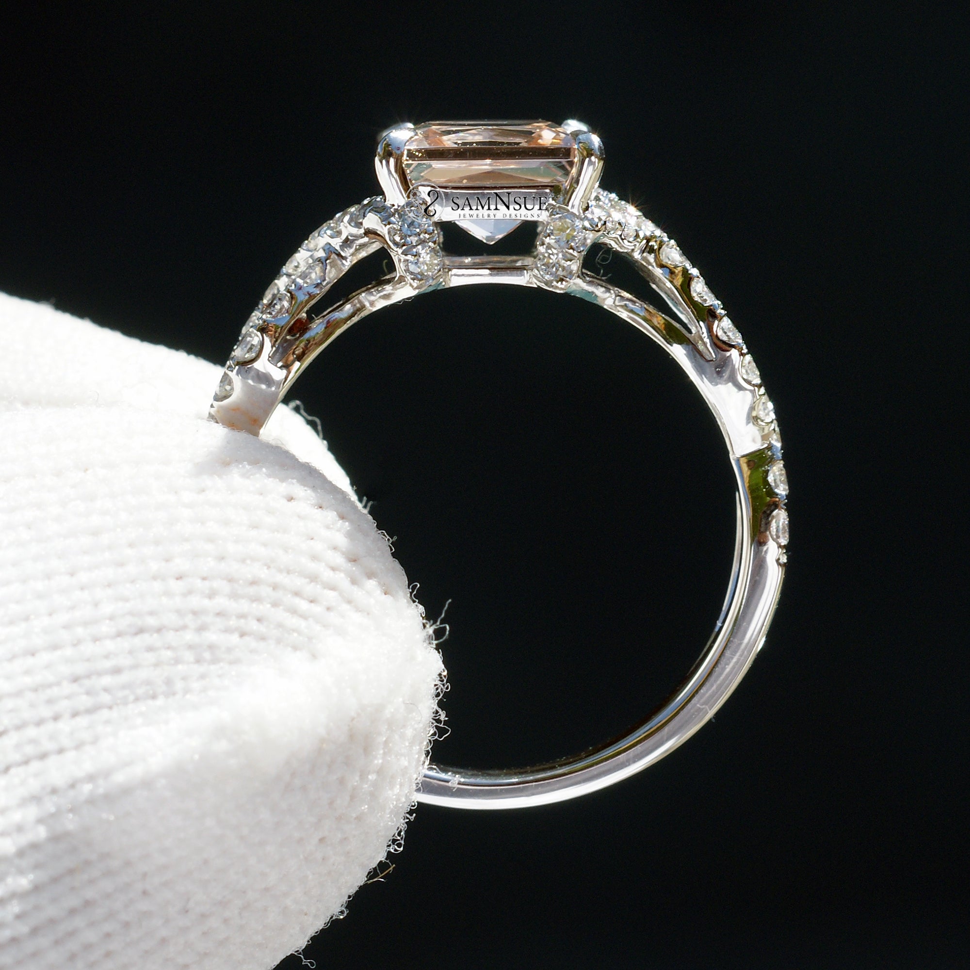 Princess cut morganite diamond interlaced twisted band wedding set in platinum