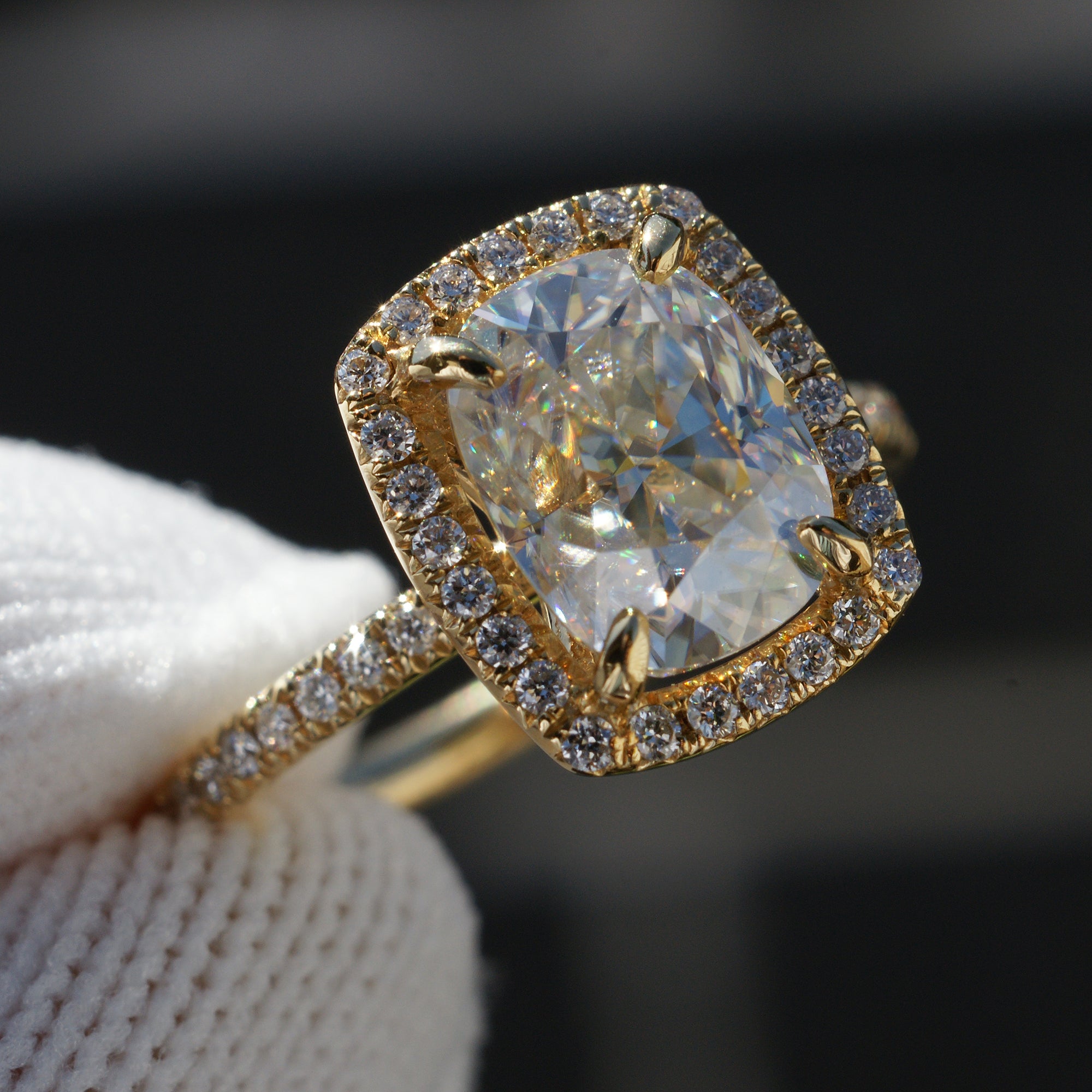 Cushion-Cut Moissanite and Diamond Halo Engagement Ring – The Caitlin Yellow Gold 9xmm