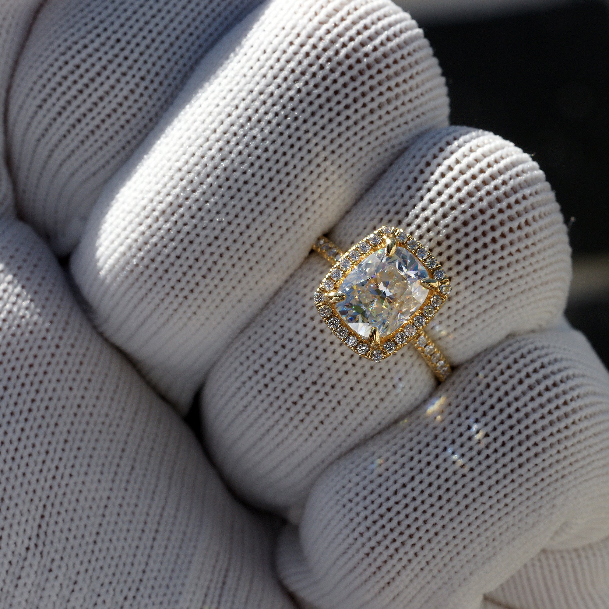 Cushion-Cut Moissanite and Diamond Halo Engagement Ring – The Caitlin Yellow Gold 9xmm
