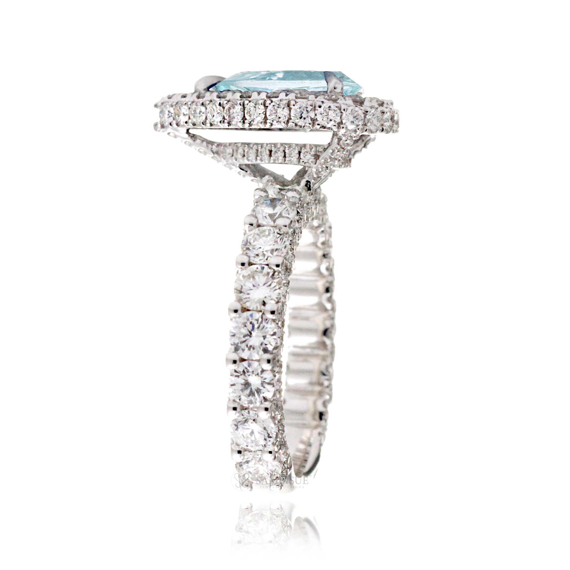 Pear cut aquamarine diamond halo u shape band wide bold ring