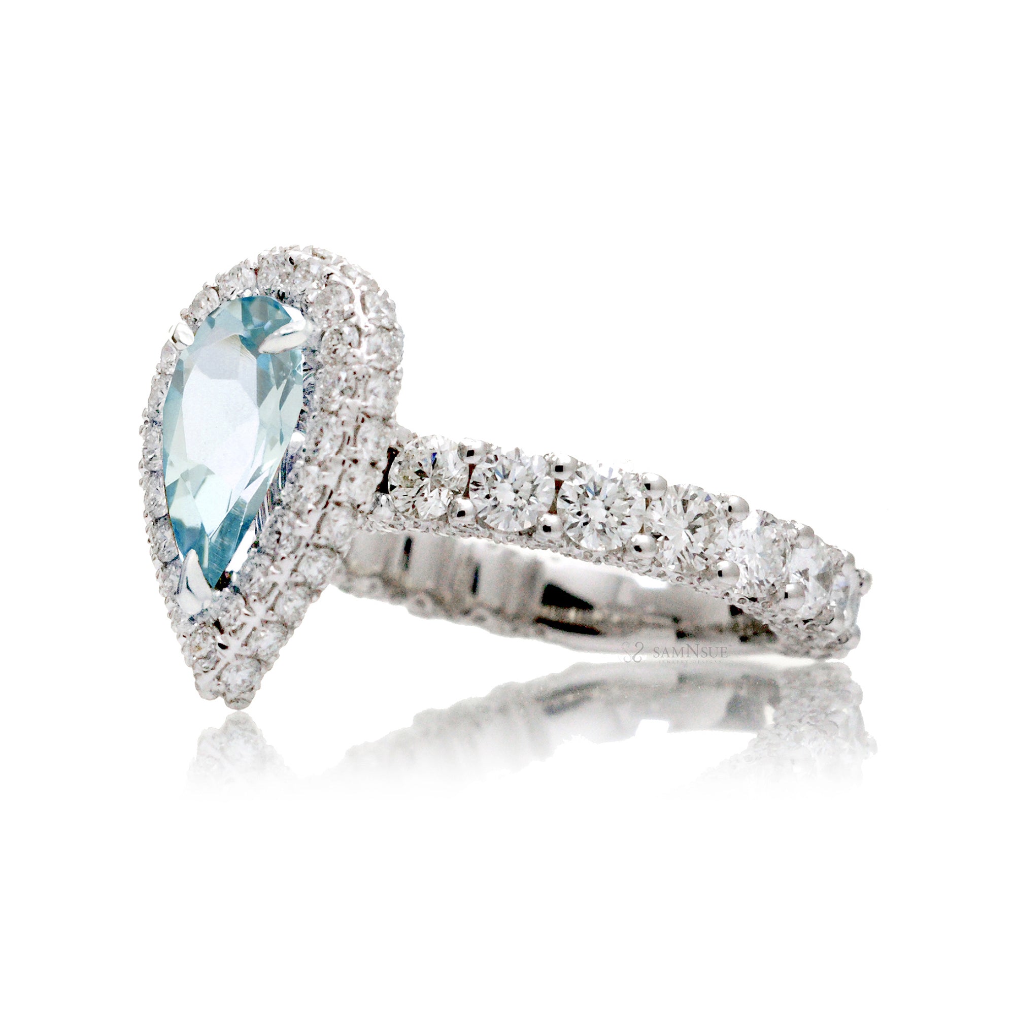 Pear cut aquamarine diamond halo u shape band wide bold ring