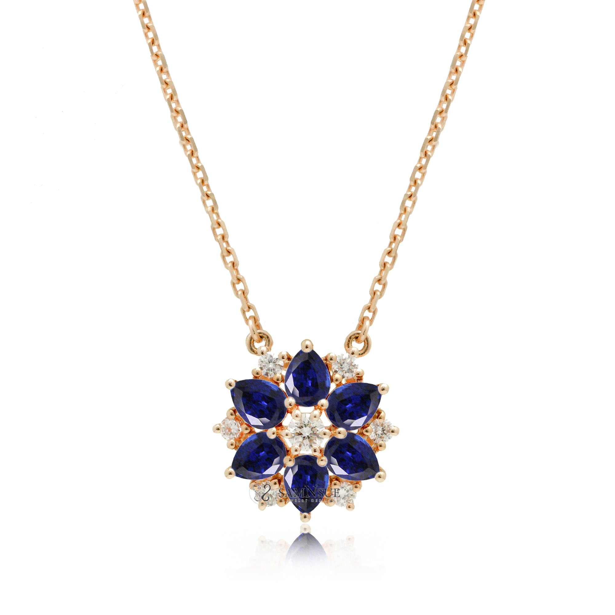 The lotus blue sapphire & diamond star necklace with cable chain in rose gold