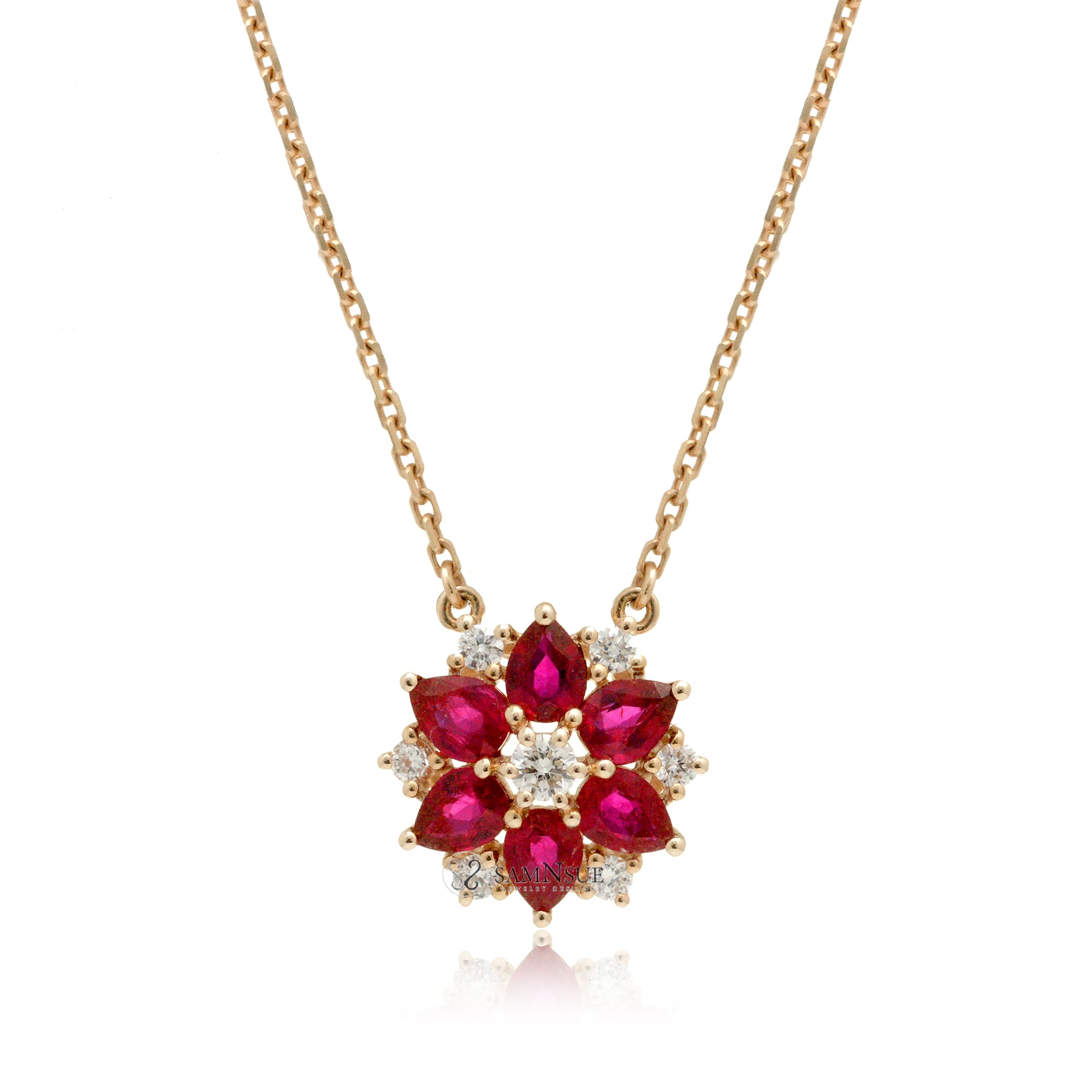 The lotus ruby & diamond star necklace with cable chain in rose gold