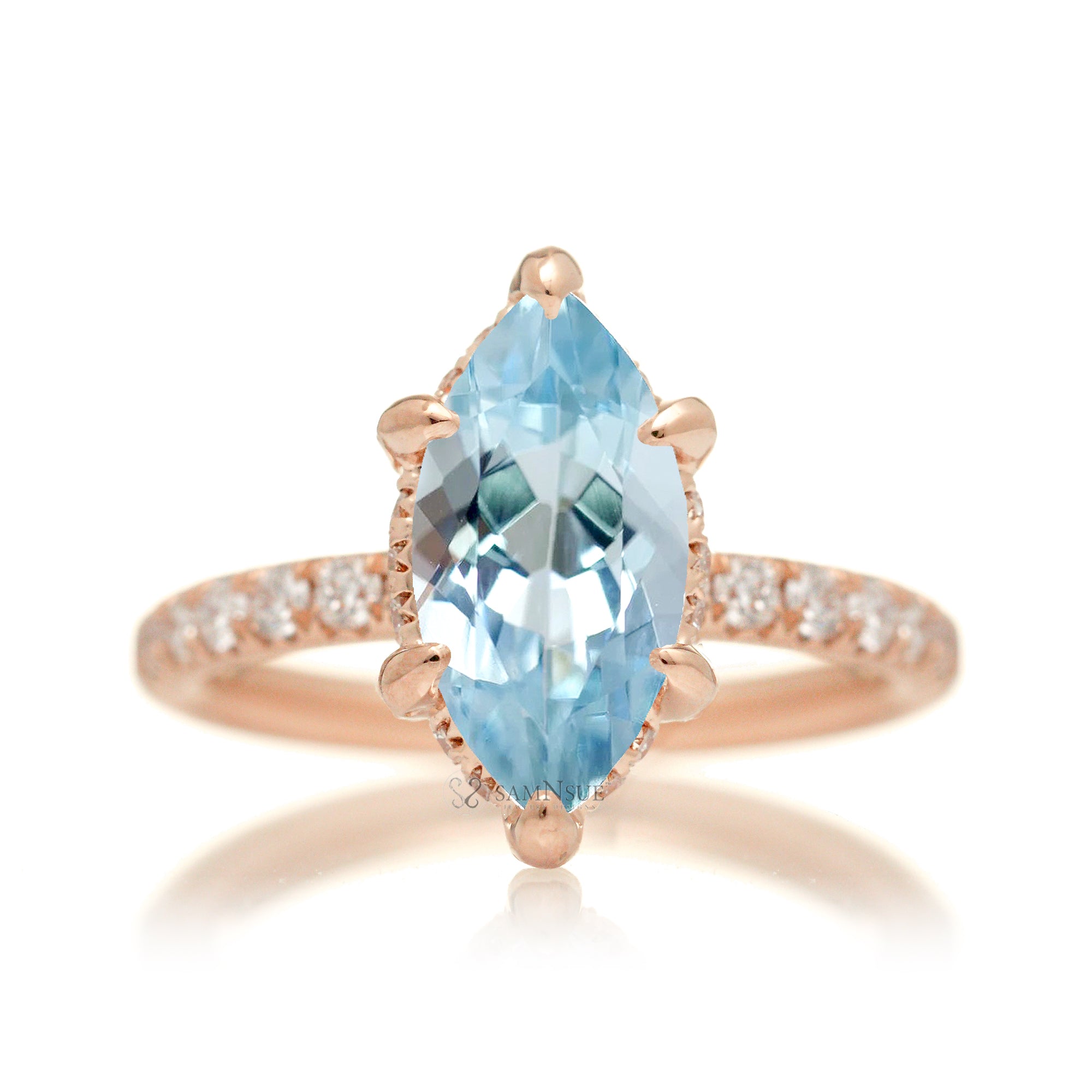 Marquise aquamarine ring with hidden halo and rounded diamond band comfort fit rose gold
