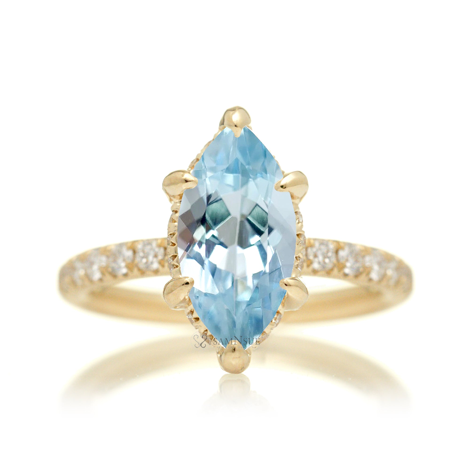 Marquise aquamarine ring with hidden halo and rounded diamond band comfort fit yellow gold