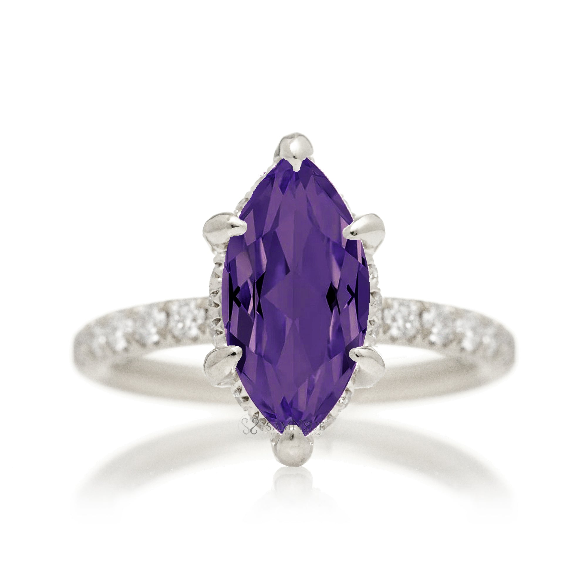 Marquise cut purple sapphire diamond engagement ring with rounded diamond band hidden halo white gold
