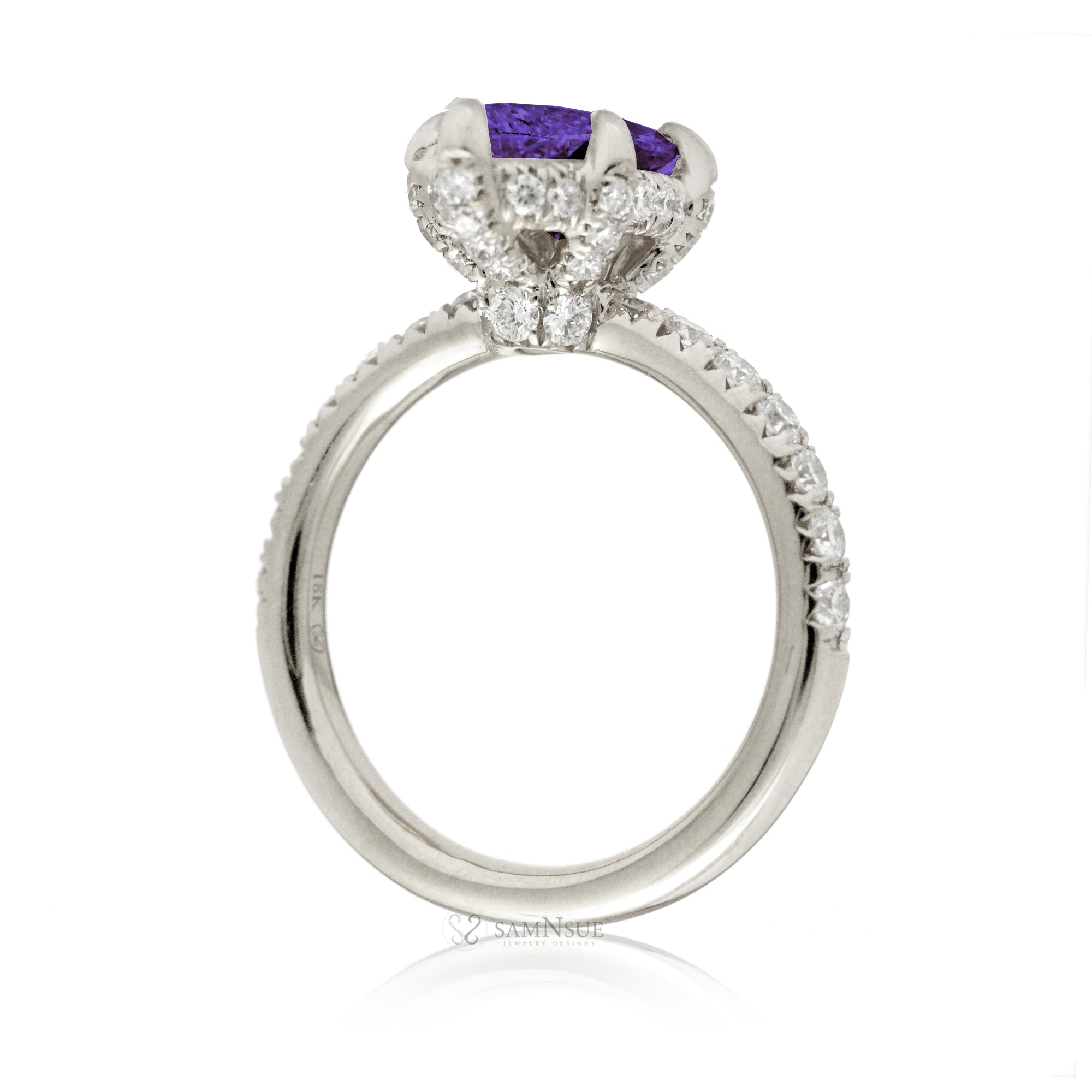 Marquise cut purple sapphire diamond engagement ring with rounded diamond band hidden halo white gold