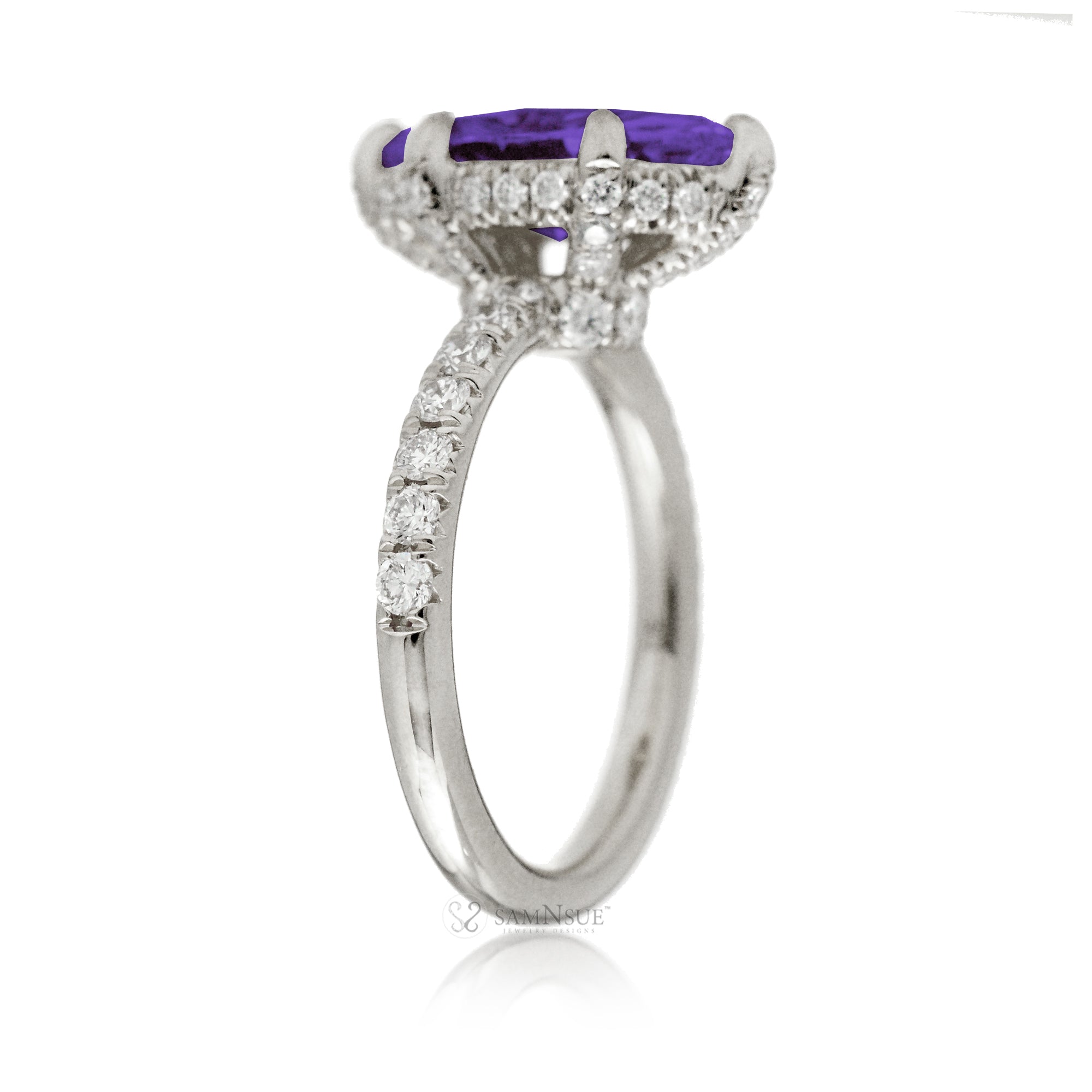 Marquise cut purple sapphire diamond engagement ring with rounded diamond band hidden halo white gold