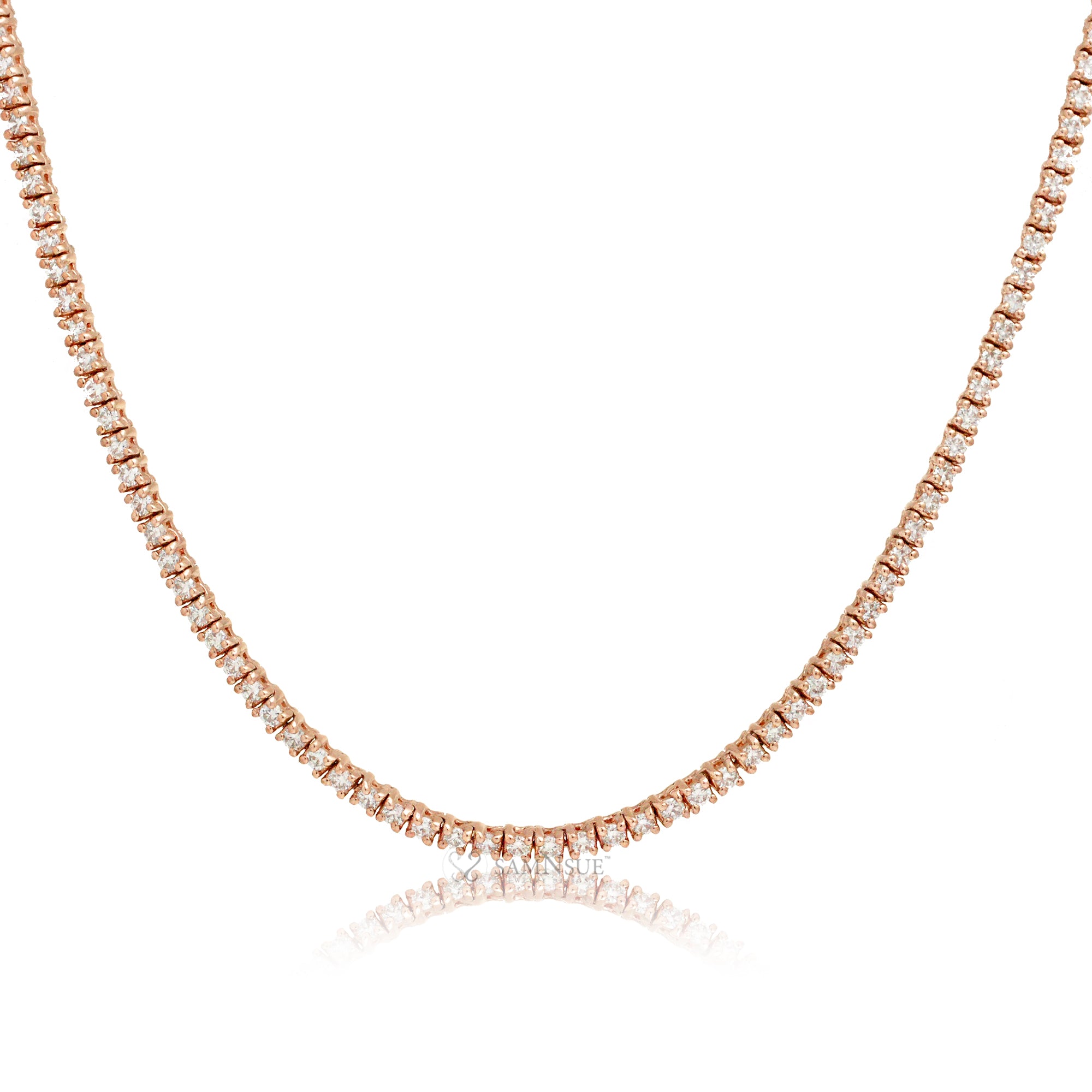 Elegant rose gold diamond tennis necklace with 2ct total weight, front view