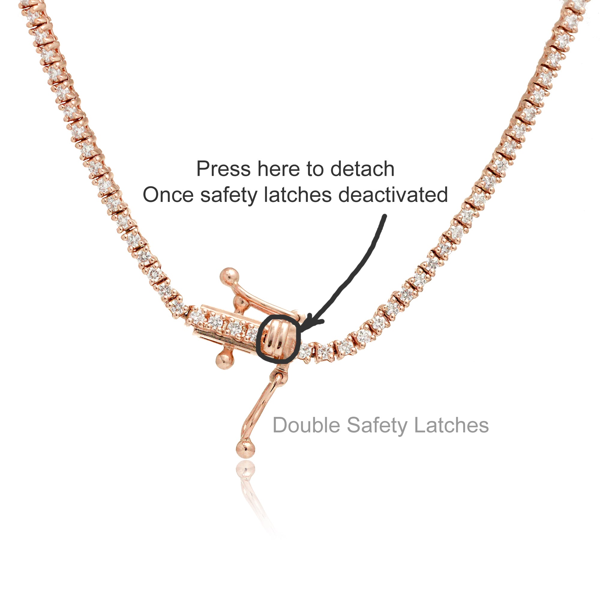 Rose gold diamond tennis necklace clasp with double safety latch detail