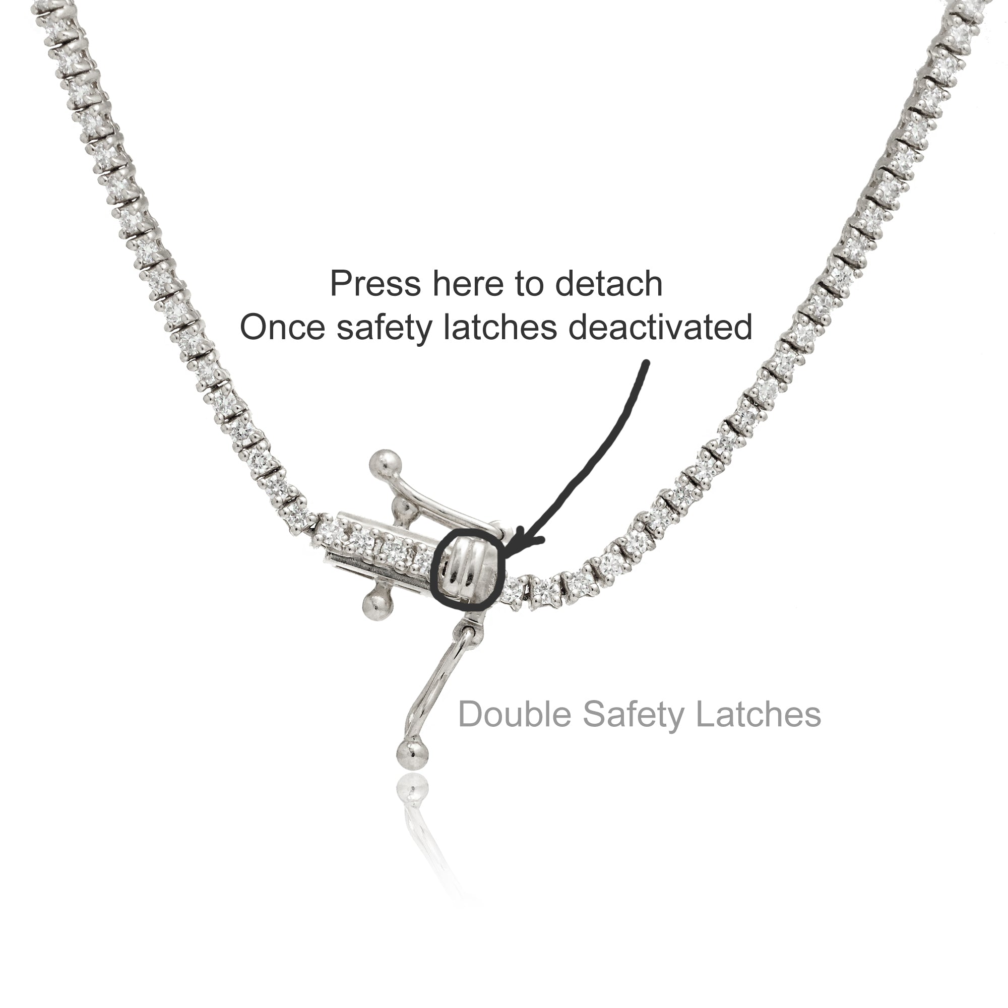 White gold diamond tennis necklace clasp with double safety latch detail