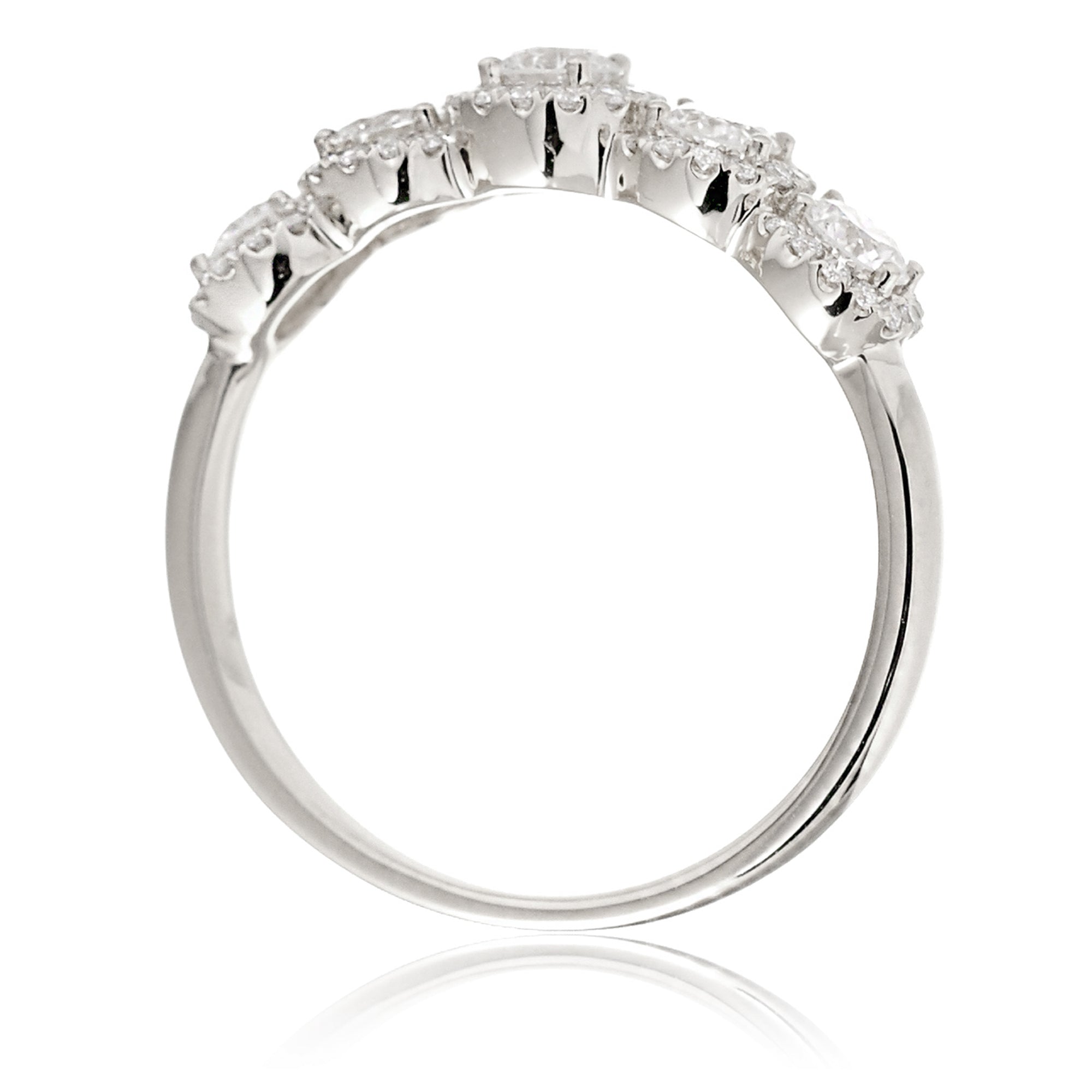 Five round diamond halo wedding anniversary band in white gold