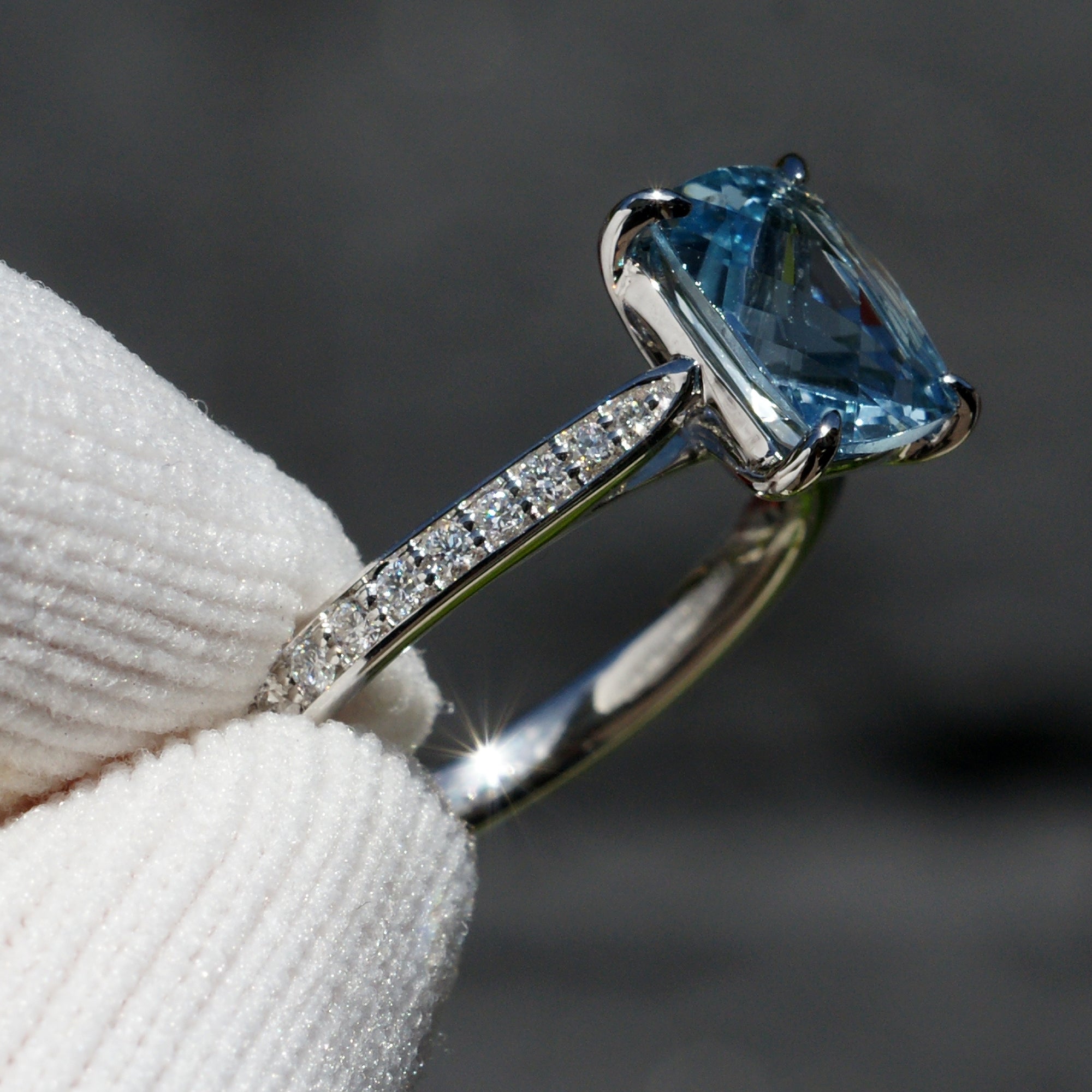 The Emily Cushion Aquamarine Ring 9x7mm 18k White Gold