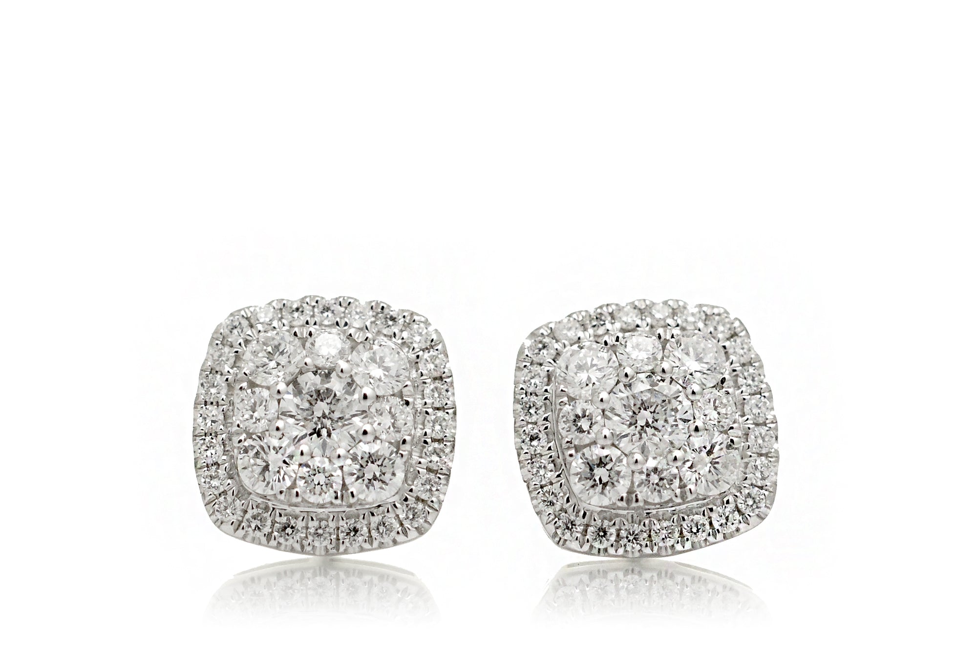 Cushion cluster diamond stud earrings white gold