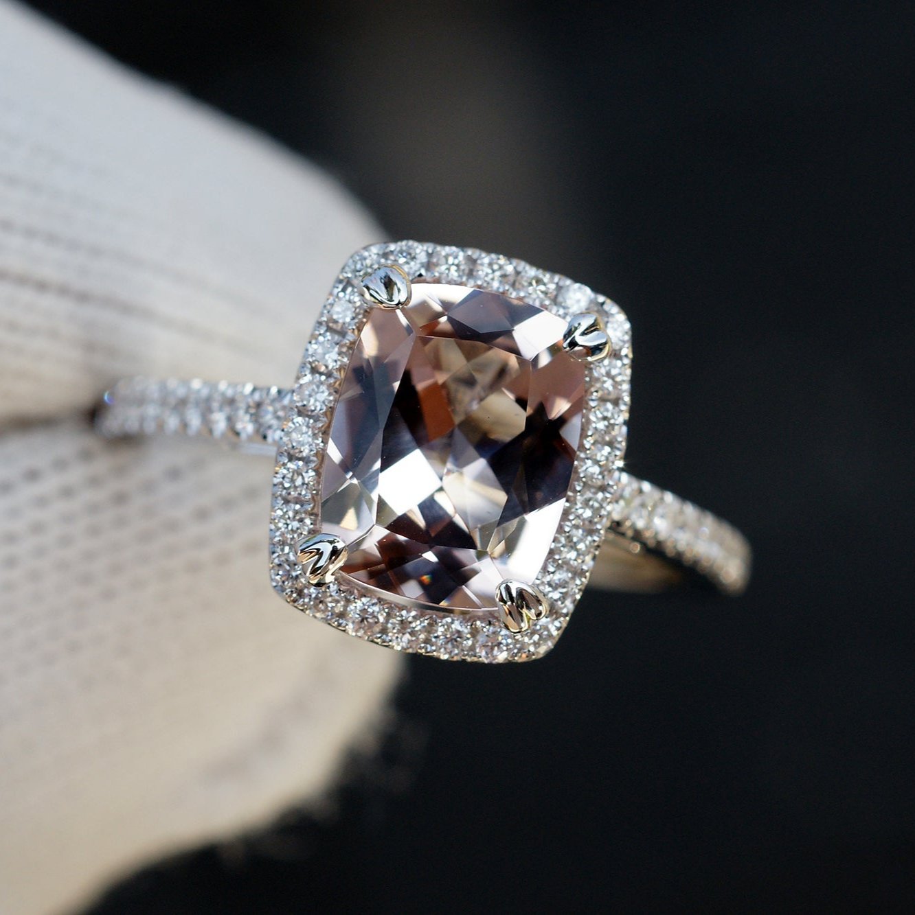 Cushion morganite engagement ring with diamond halo and band 18k