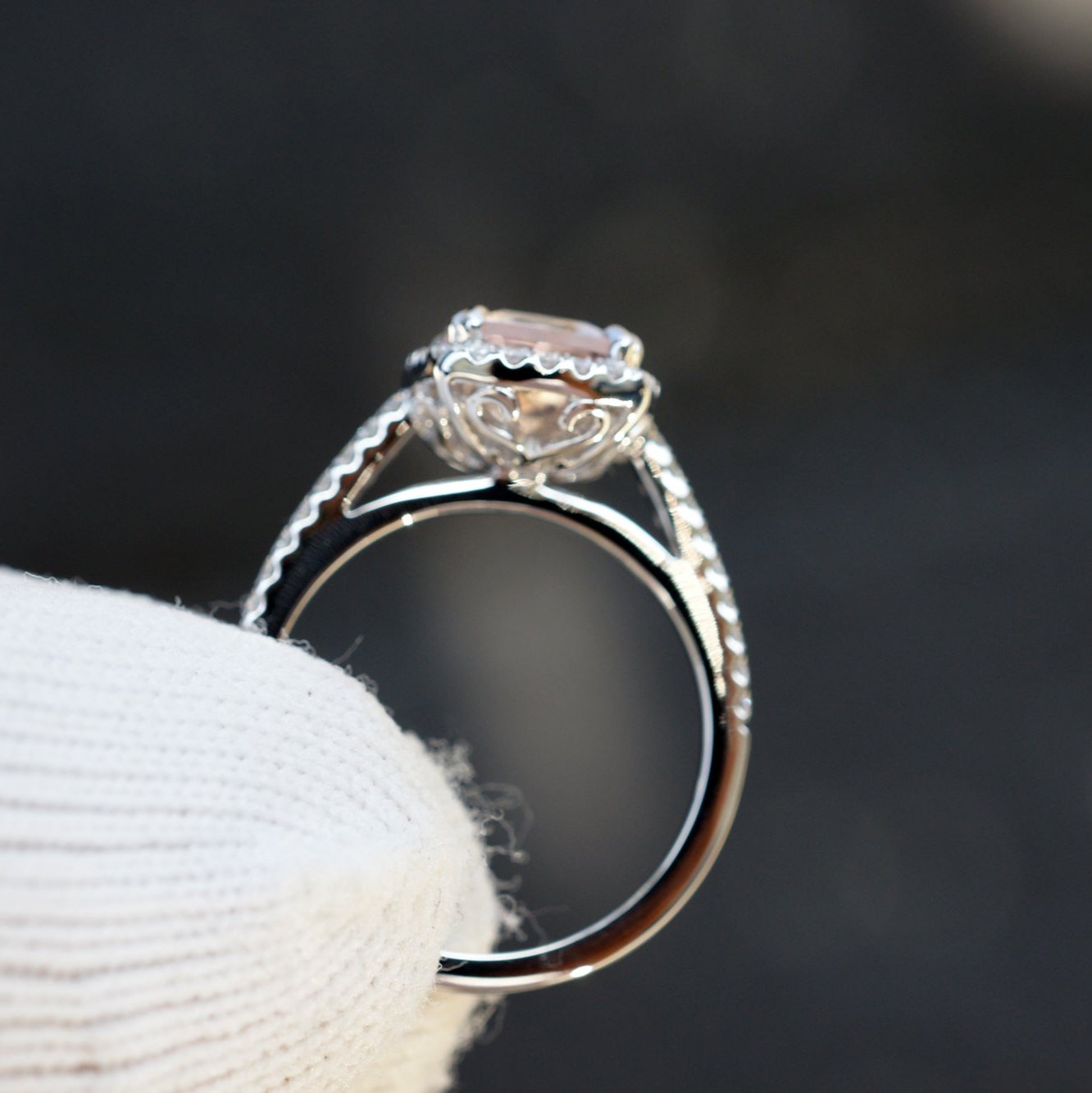 Cushion cut 9x7mm morganite ring with a diamond halo in white gold