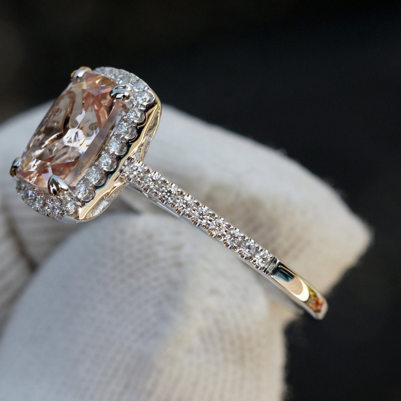 Cushion cut 9x7mm morganite ring with a diamond halo in white gold