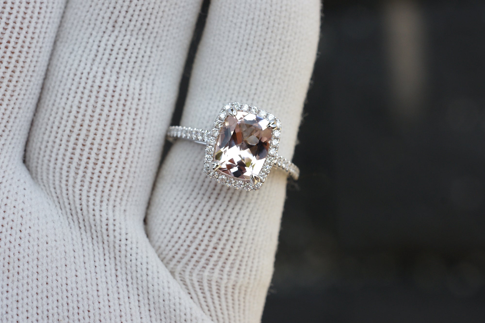 Cushion cut 9x7mm morganite ring with a diamond halo in white gold