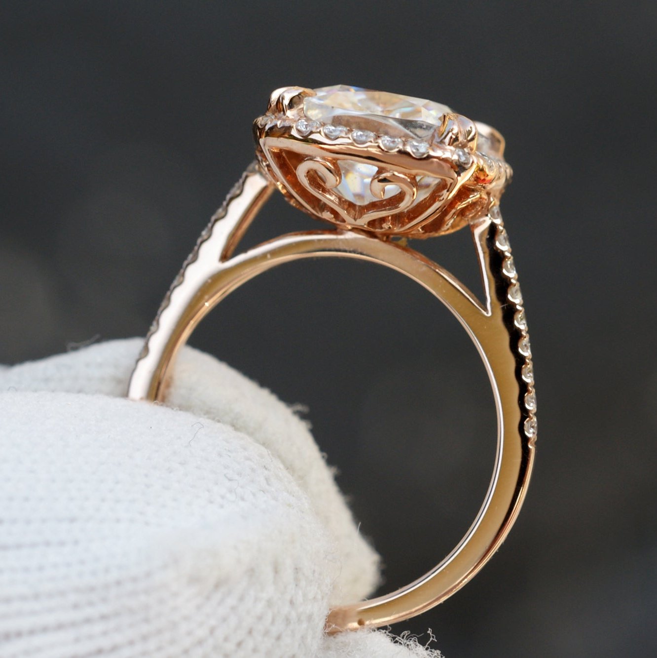 Cushion cut moissanite engagement ring with halo in rose gold