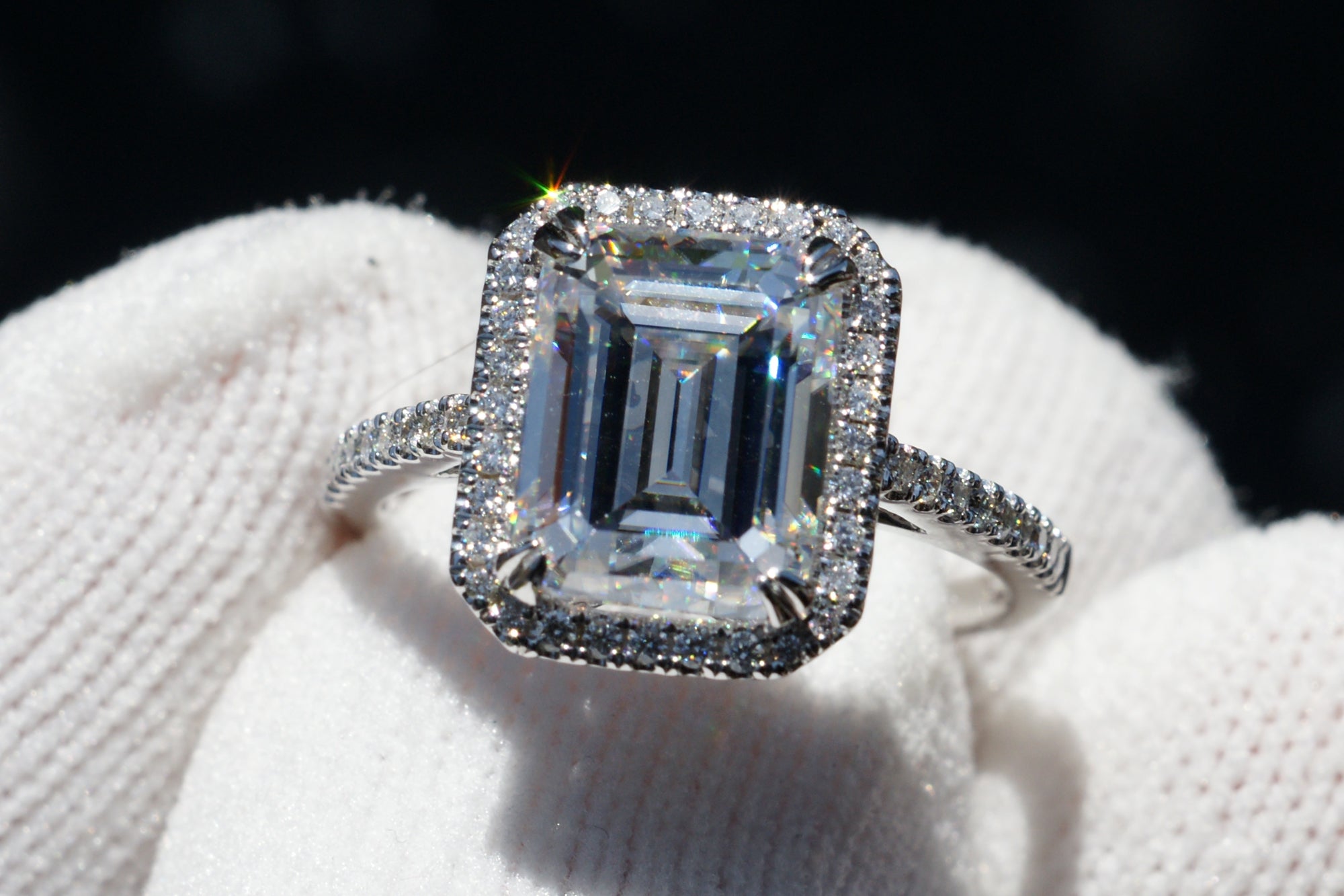 The Signature Emerald Cut Moissanite 10x8mm 18k White Gold