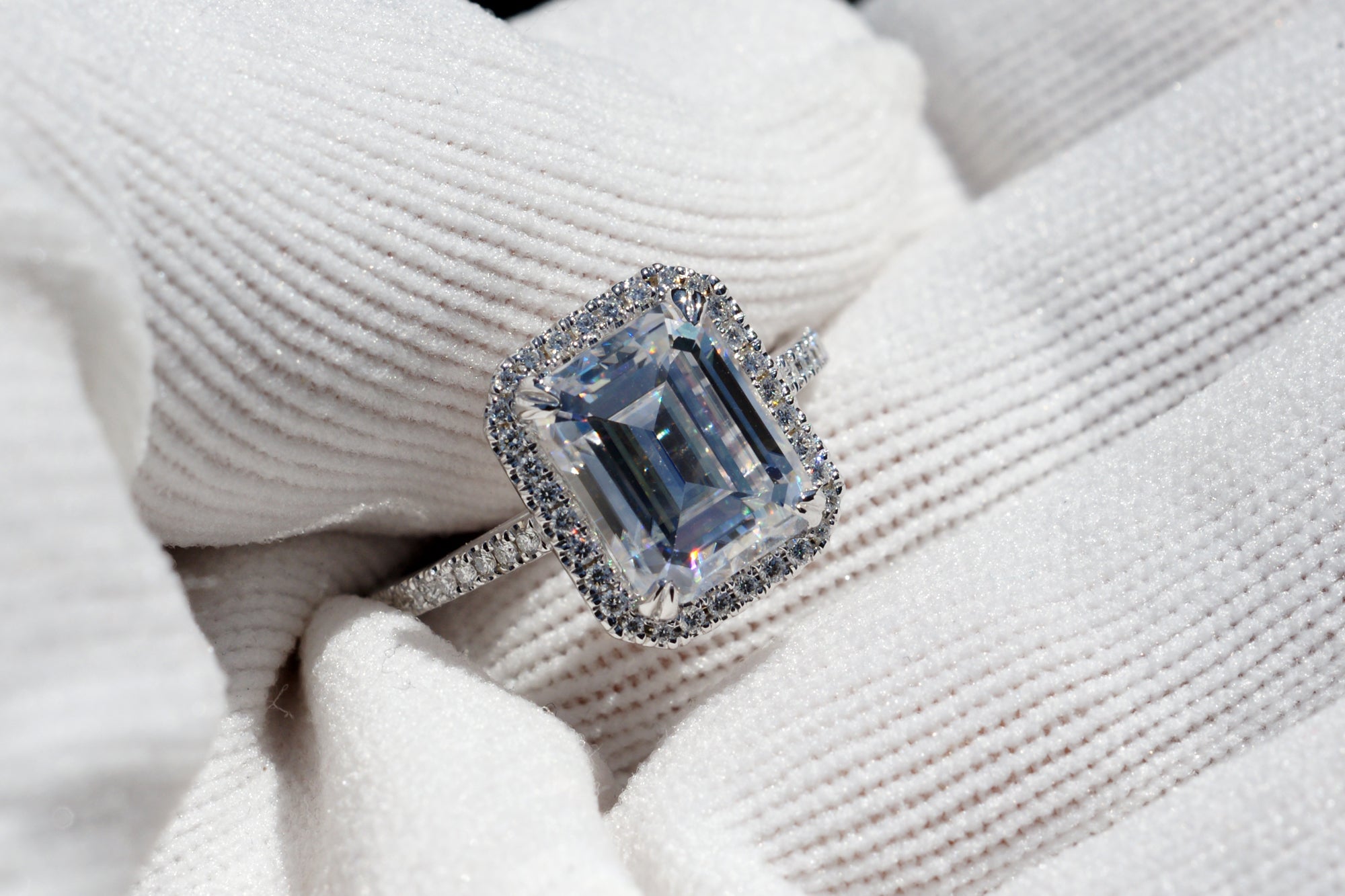 The Signature Emerald Cut Moissanite 10x8mm 18k White Gold