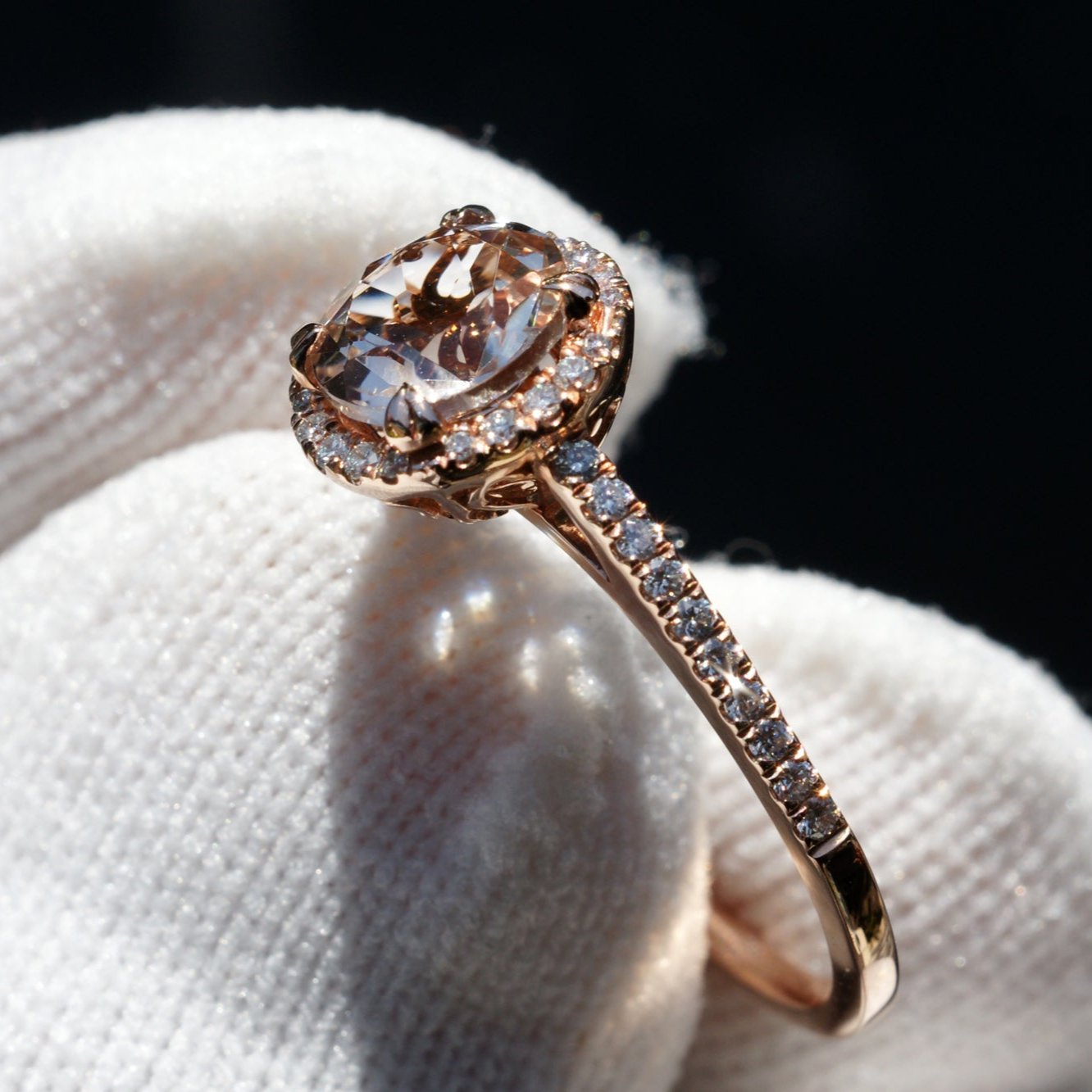 Round morganite engagement ring with diamond halo in rose gold