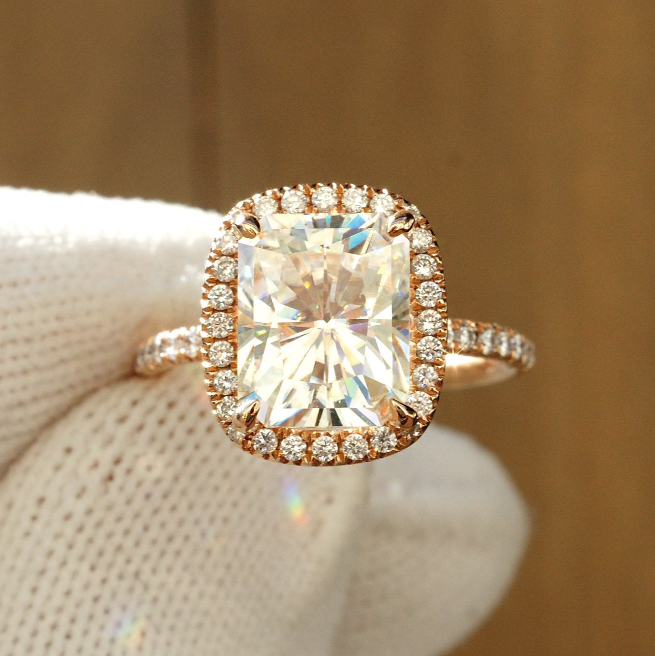 CLEARANCE - The Drenched Radiant Moissanite 10x8mm Forever One 14k Rose Gold