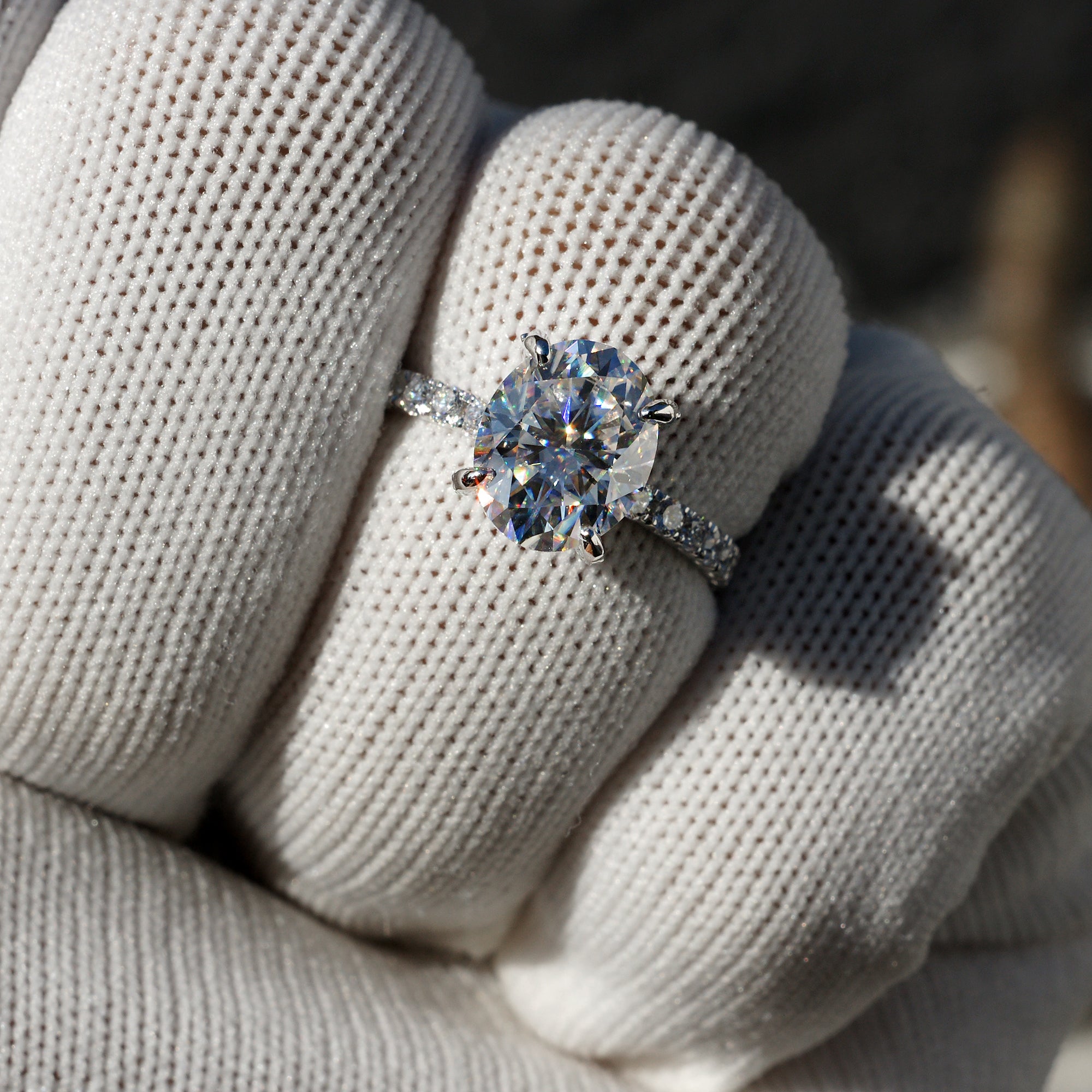 The French Pavé Oval Moissanite Solitaire Ring 10x8 White Gold