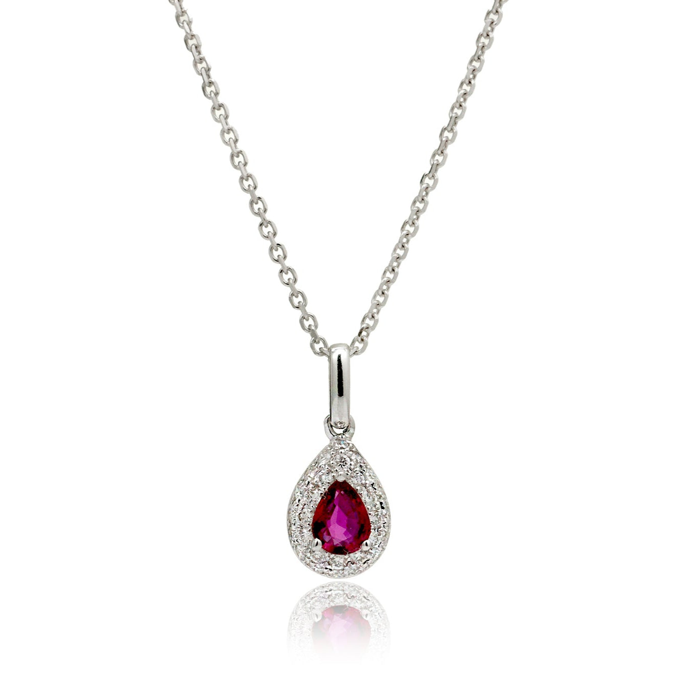 Pear cut ruby diamond solitaire necklace pendant with white gold chain