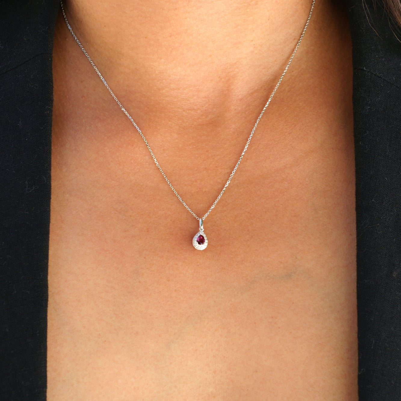 Pear cut ruby diamond solitaire necklace pendant with white gold chain