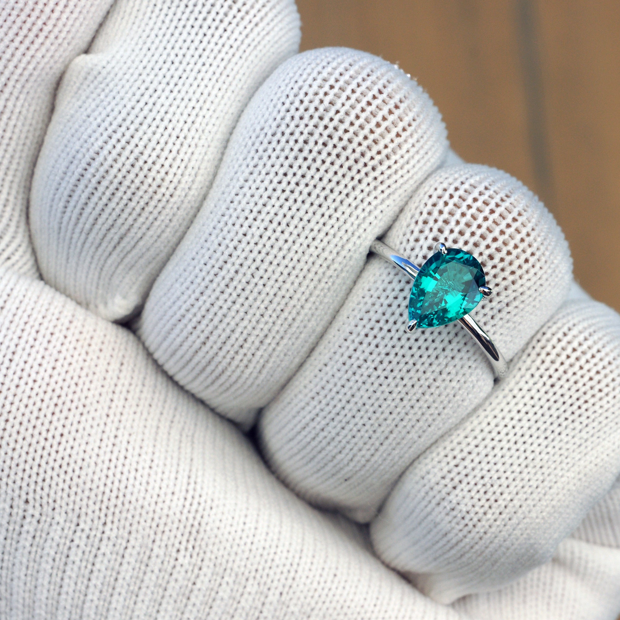 18K White Gold Three-Prong Solitaire Ring with Lab-Grown Emerald & Diamonds - Ava Collection by SamNsue