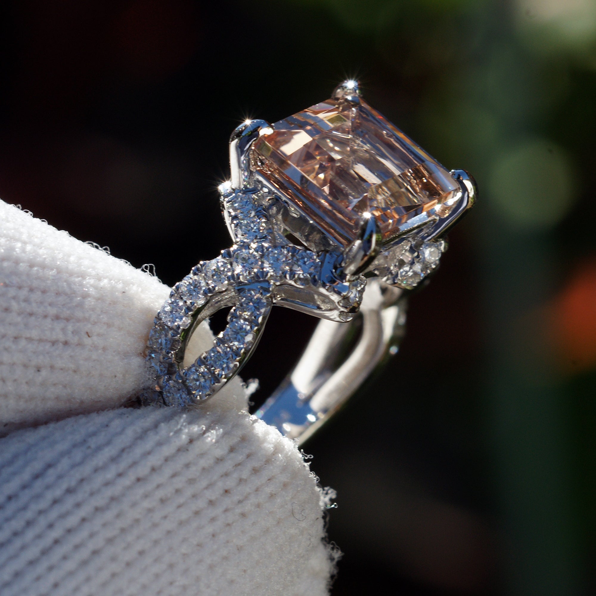 Square morganite engagement ring with diamond accent in white gold side profile