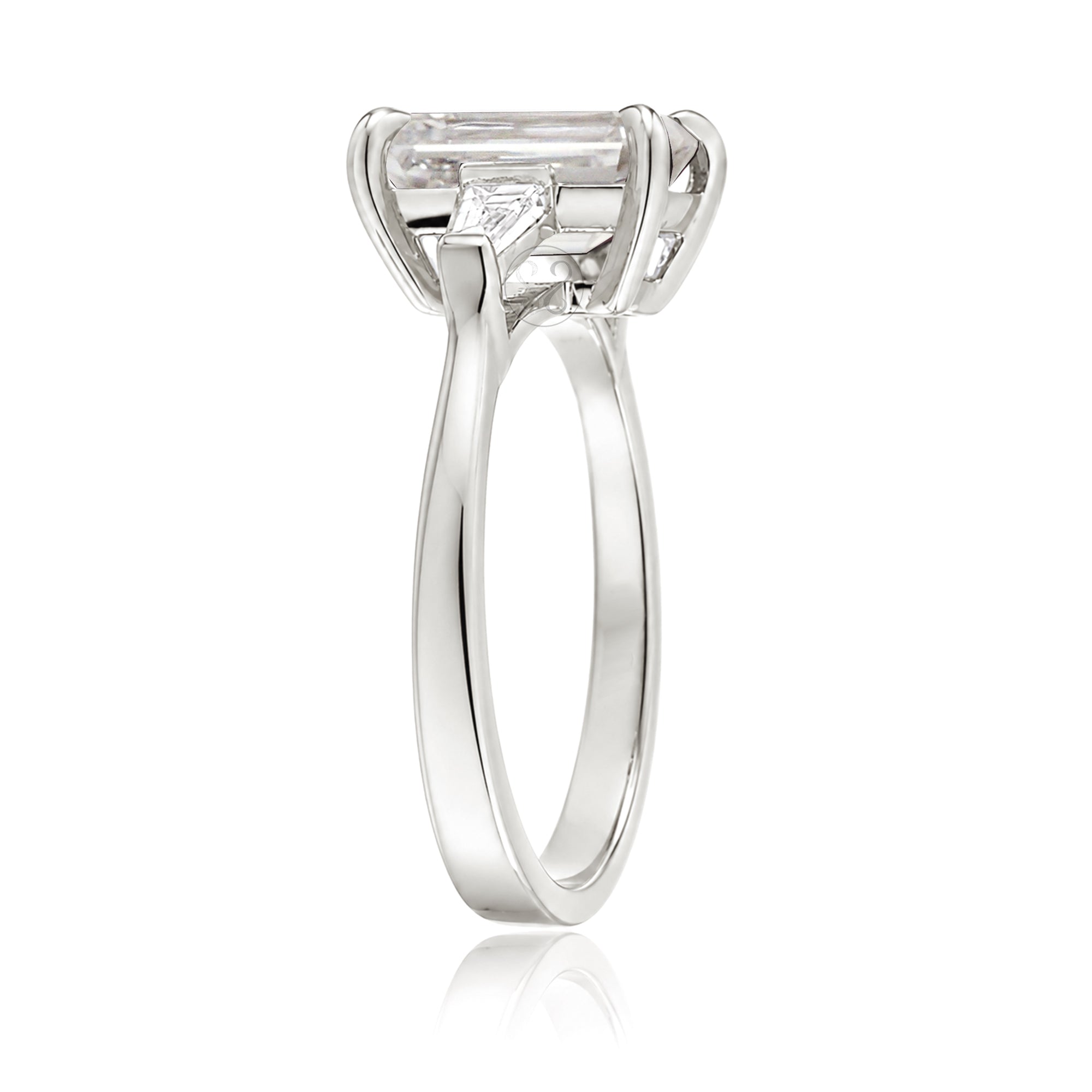 Emerald Step Cut Moissanite Three Stone Baguette Ring White Gold