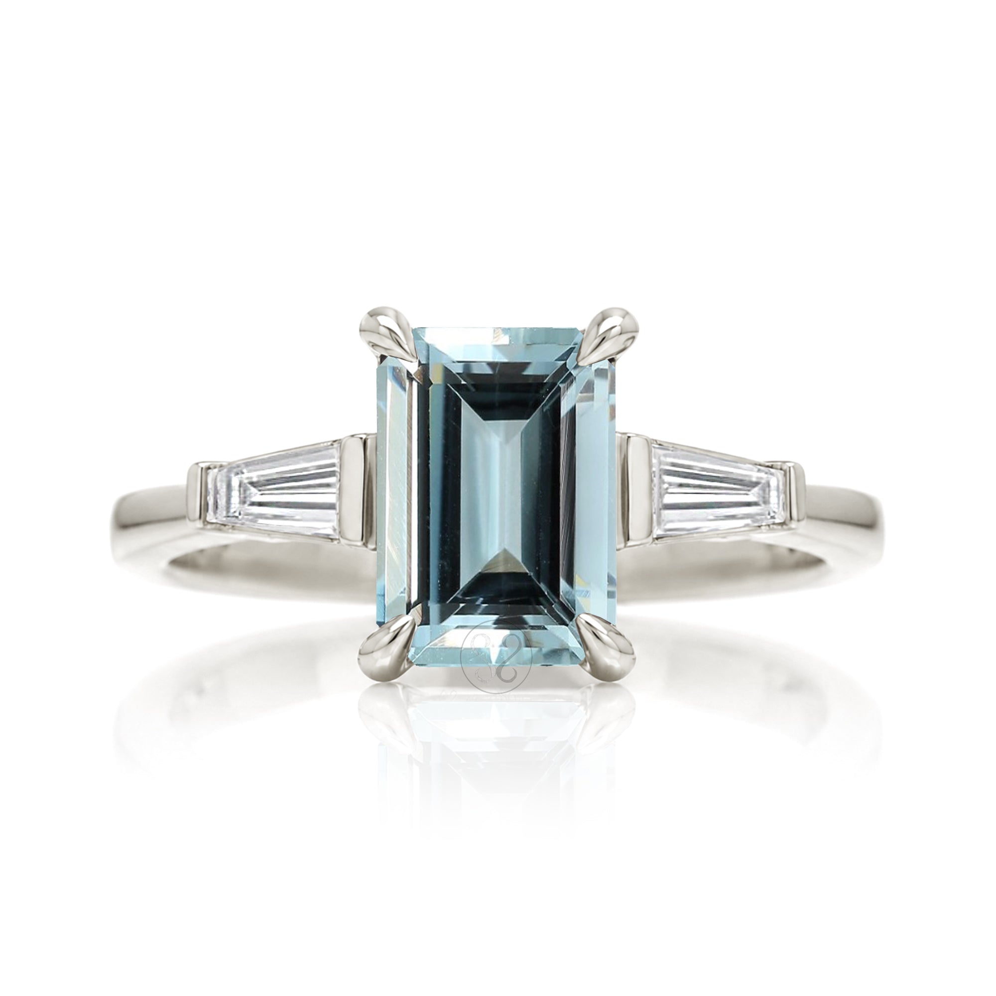Emerald Step Cut Aquamarine Ring Baguette Three Stone Ring White Gold