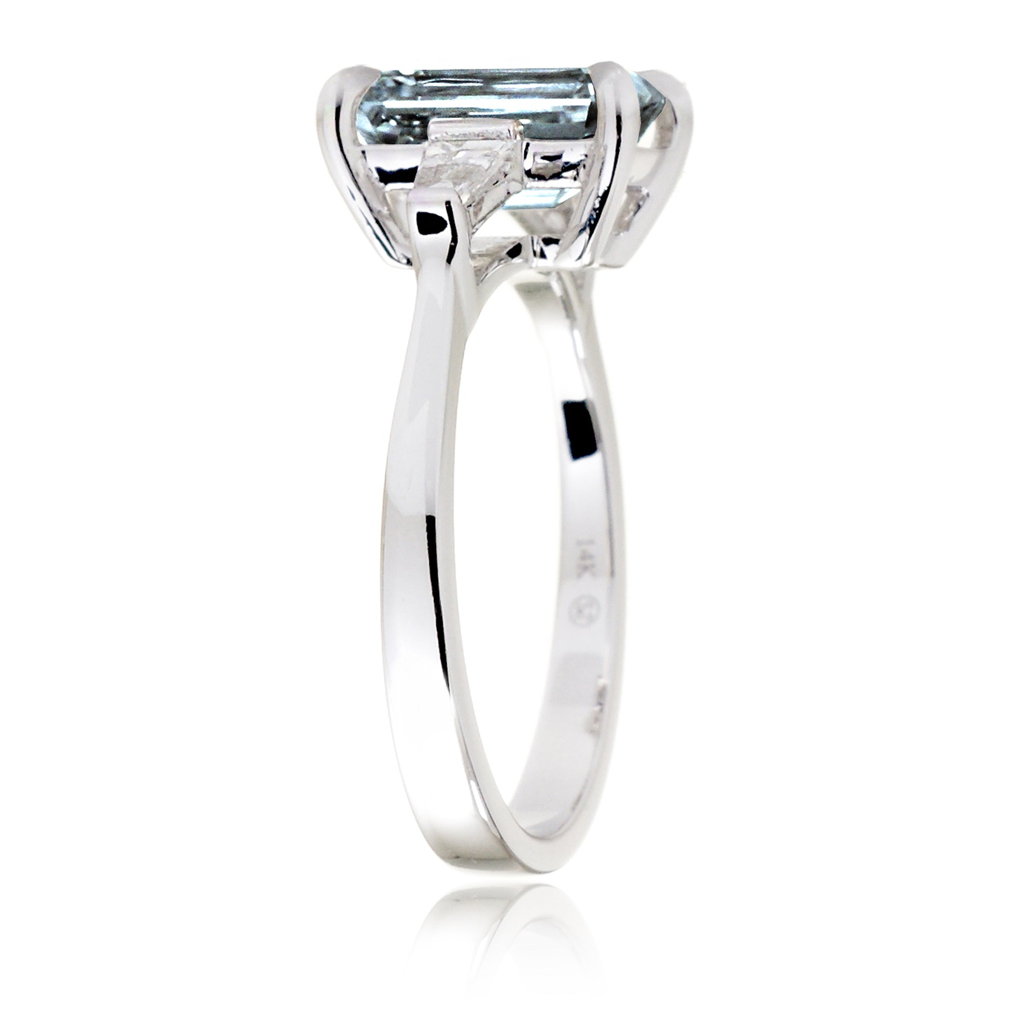 Emerald Step Cut Aquamarine Ring Baguette Three Stone Ring White Gold