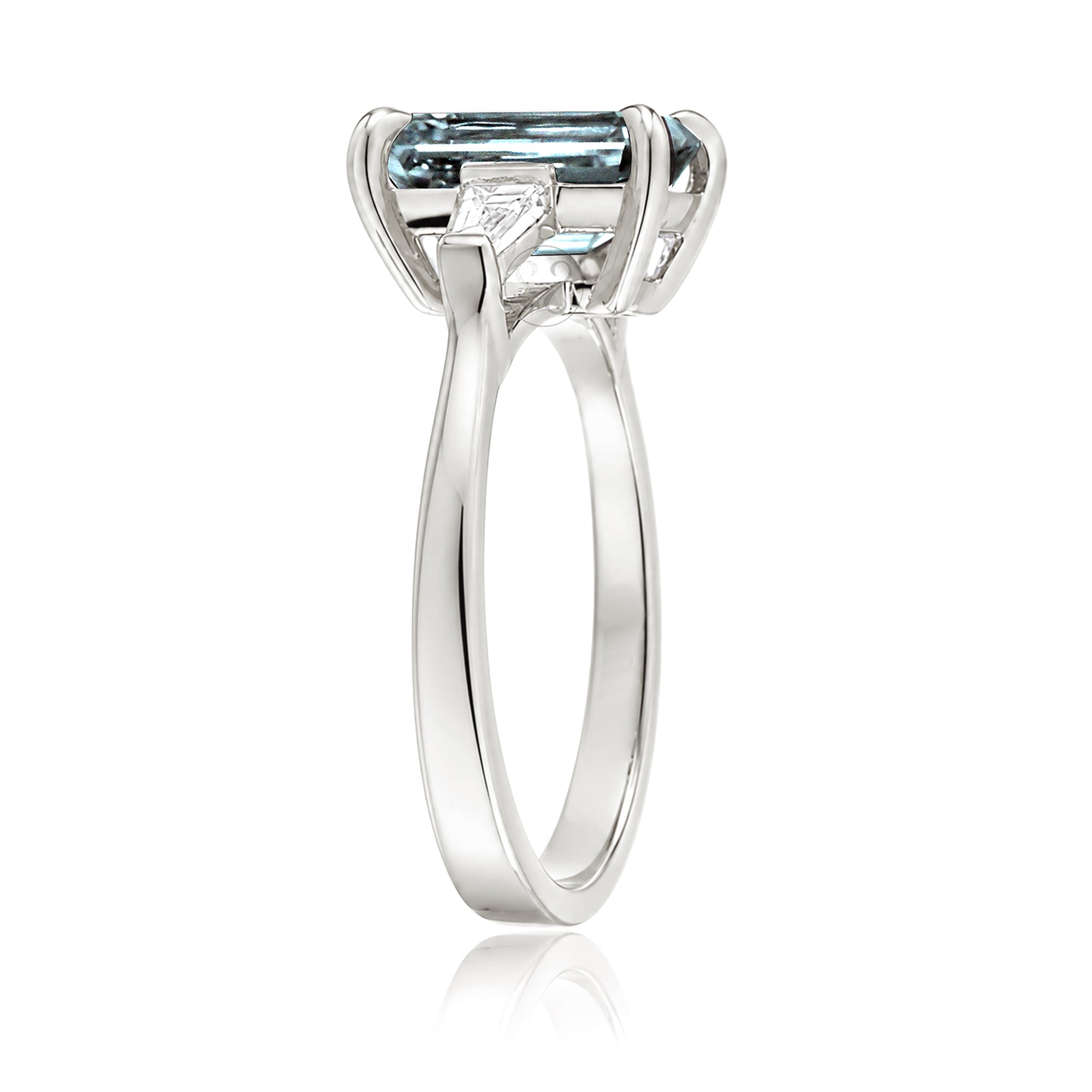 Emerald Step Cut Aquamarine Ring Baguette Three Stone Ring White Gold