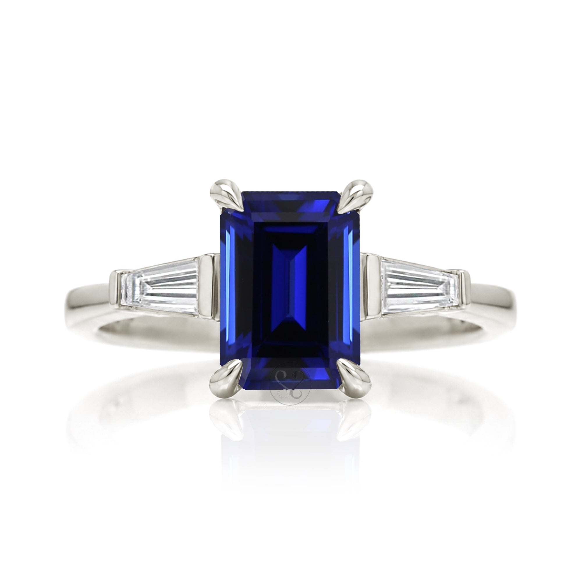 Emerald Step Cut Blue Sapphire Three Stone Baguette Ring White Gold