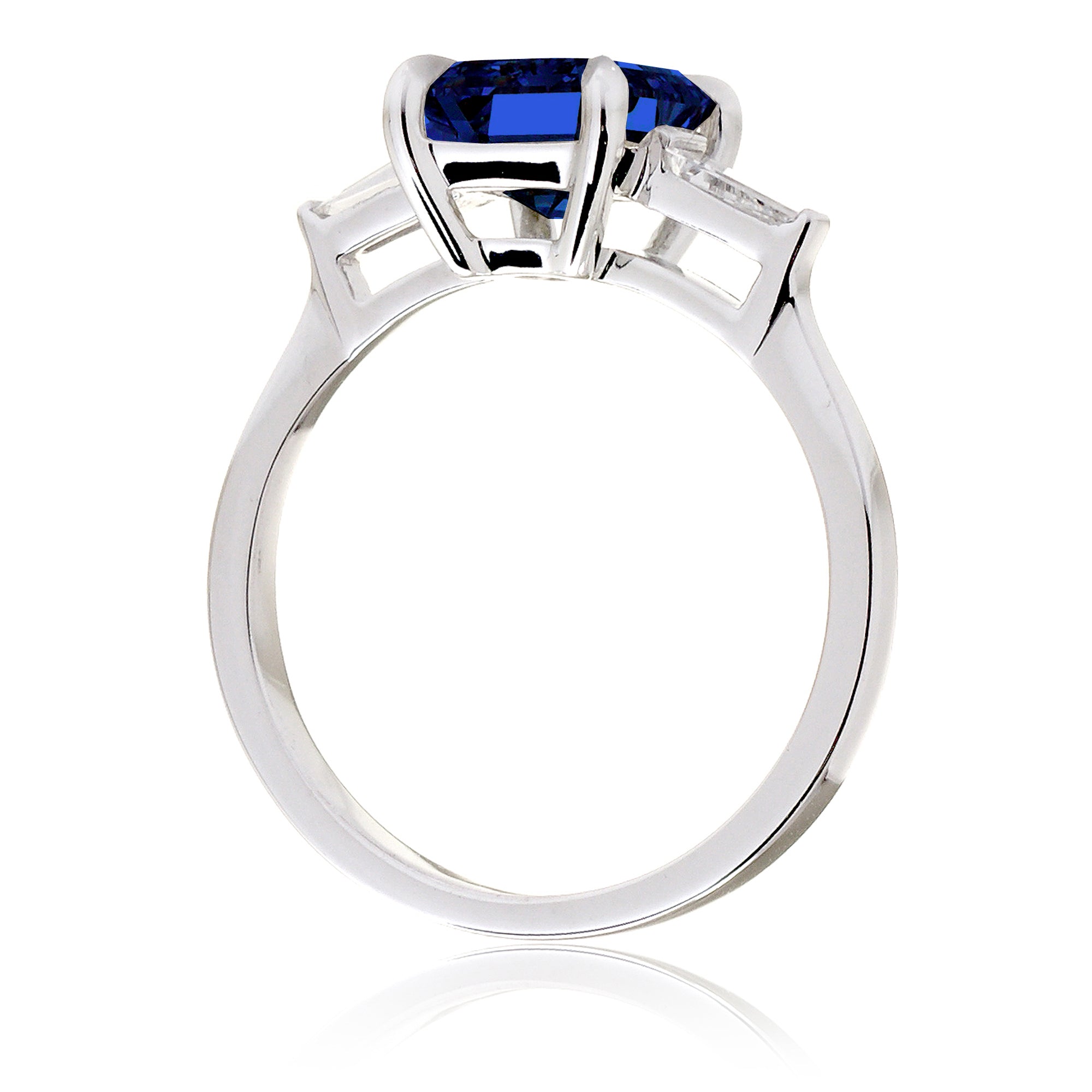 Emerald Step Cut Blue Sapphire Three Stone Baguette Ring White Gold