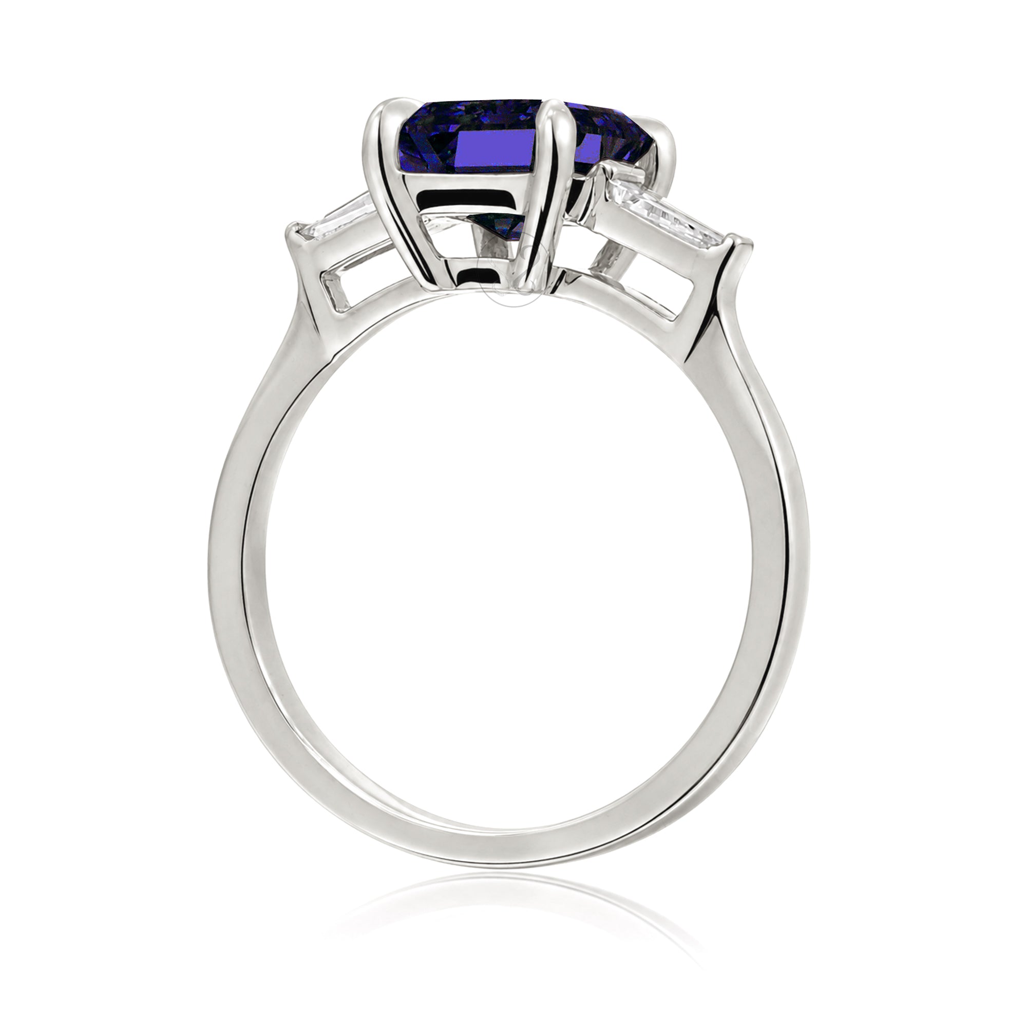 Emerald Step Cut Blue Sapphire Three Stone Baguette Ring White Gold