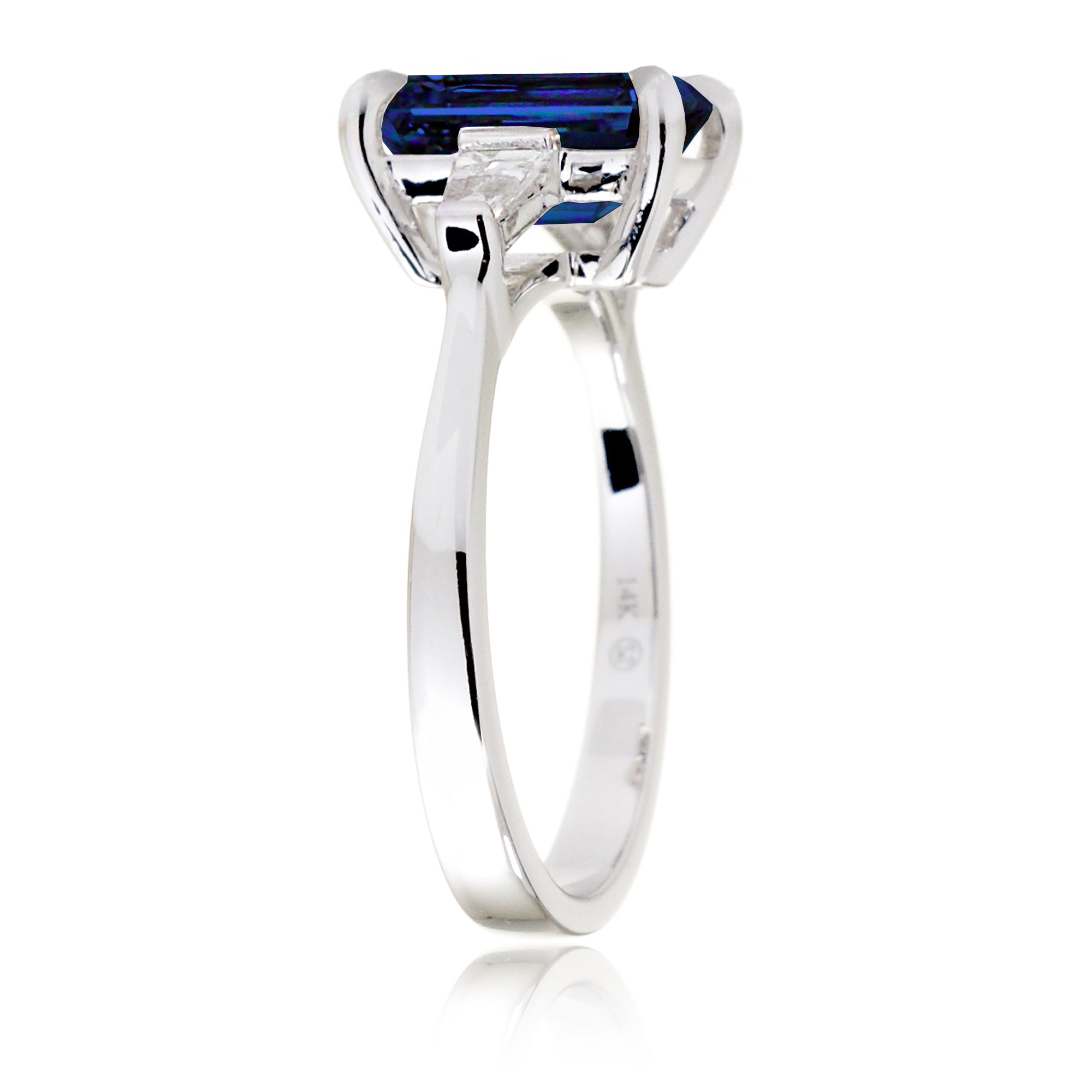 Emerald Step Cut Blue Sapphire Three Stone Baguette Ring White Gold