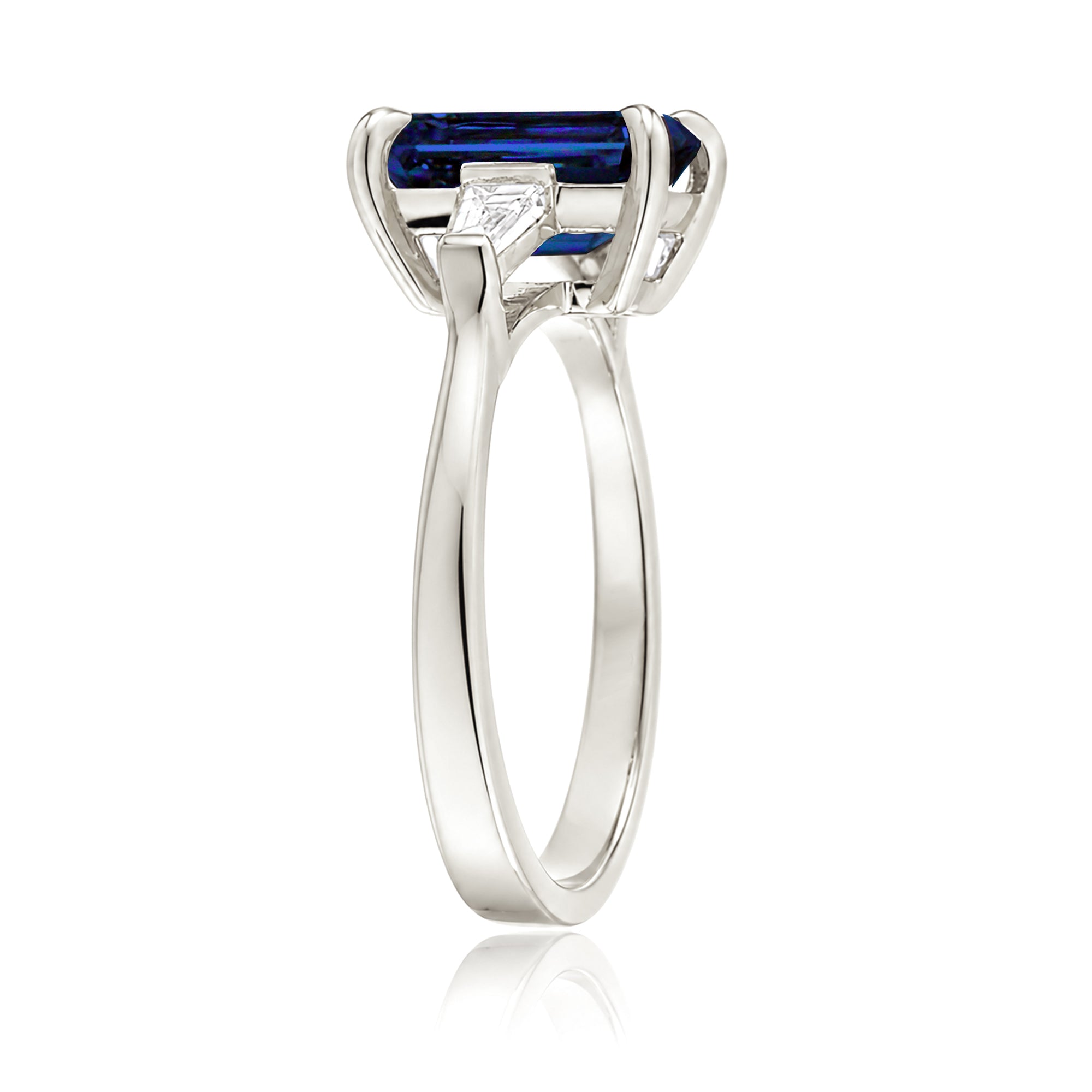 Emerald Step Cut Blue Sapphire Three Stone Baguette Ring White Gold